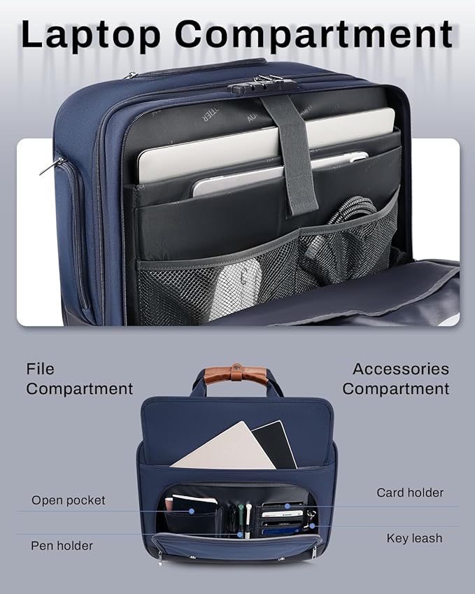 Rolling Laptop Bag for Men and Women, 17 Inch Roller Computer Briefcase, Underseat Carry On Luggage Suitcase with Wheels, Waterproof 2 Wheeled Case for Work, Travel, College, Mobile Office Bag, Navy
