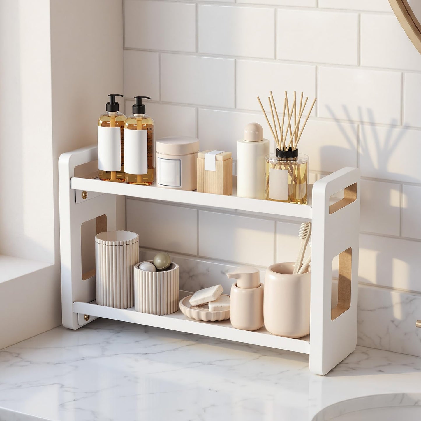 Bathroom Organizers And Storage,Bathroom Counter Organizer,Bathroom Counter Shelf,Bathroom Sink Organizer,Vanity Organizers,Vanity Storage,Makeup Organizer Countertop,Perfume Display(White 2 Tier)