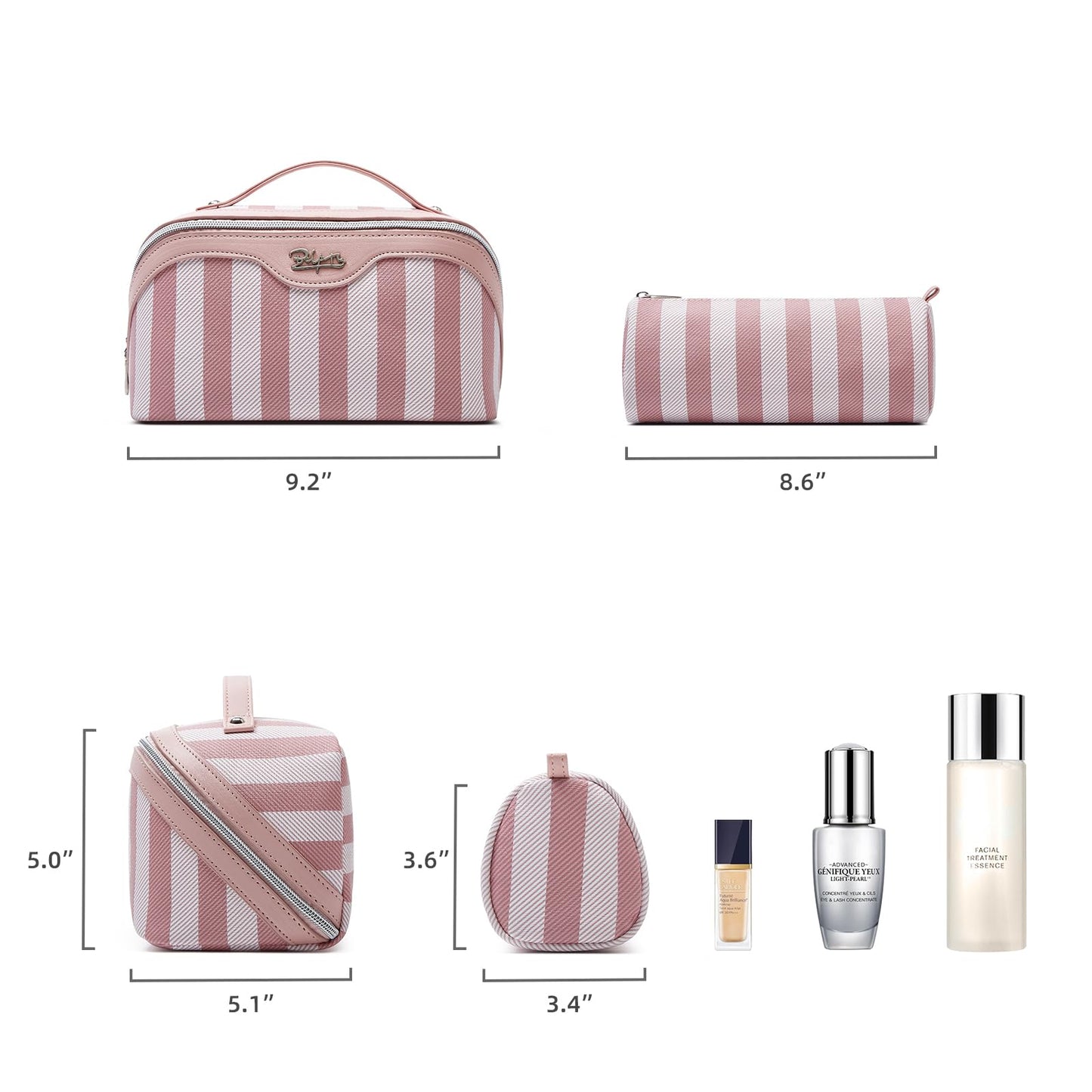 BOYATU Travel Makeup Bag Cosmetic Bag for Women: 3 Pcs Set Striped Make up Bag with Compartments - Waterproof Vegan Leather Toiletry Bags with Handle - Makeup Organizer for Travel Essentials(A-3-Pink)