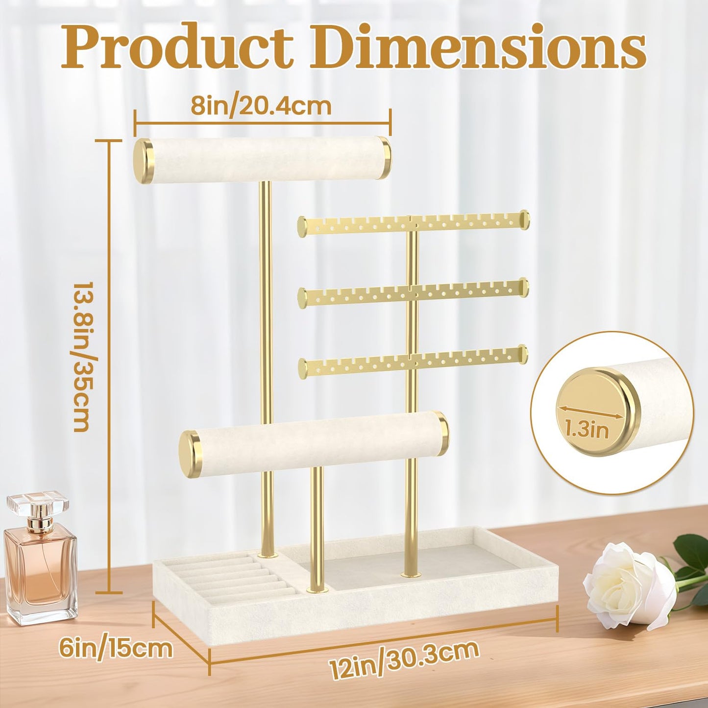 MODOWEY Necklace Holder Earring Stand Organizer, Wooden Velvet Bracelet Tree Rack with Ring Tray for Vendor Women Display Selling, Countertop T Bar Jewelry Tower Keep Everything Visible & Within Reach