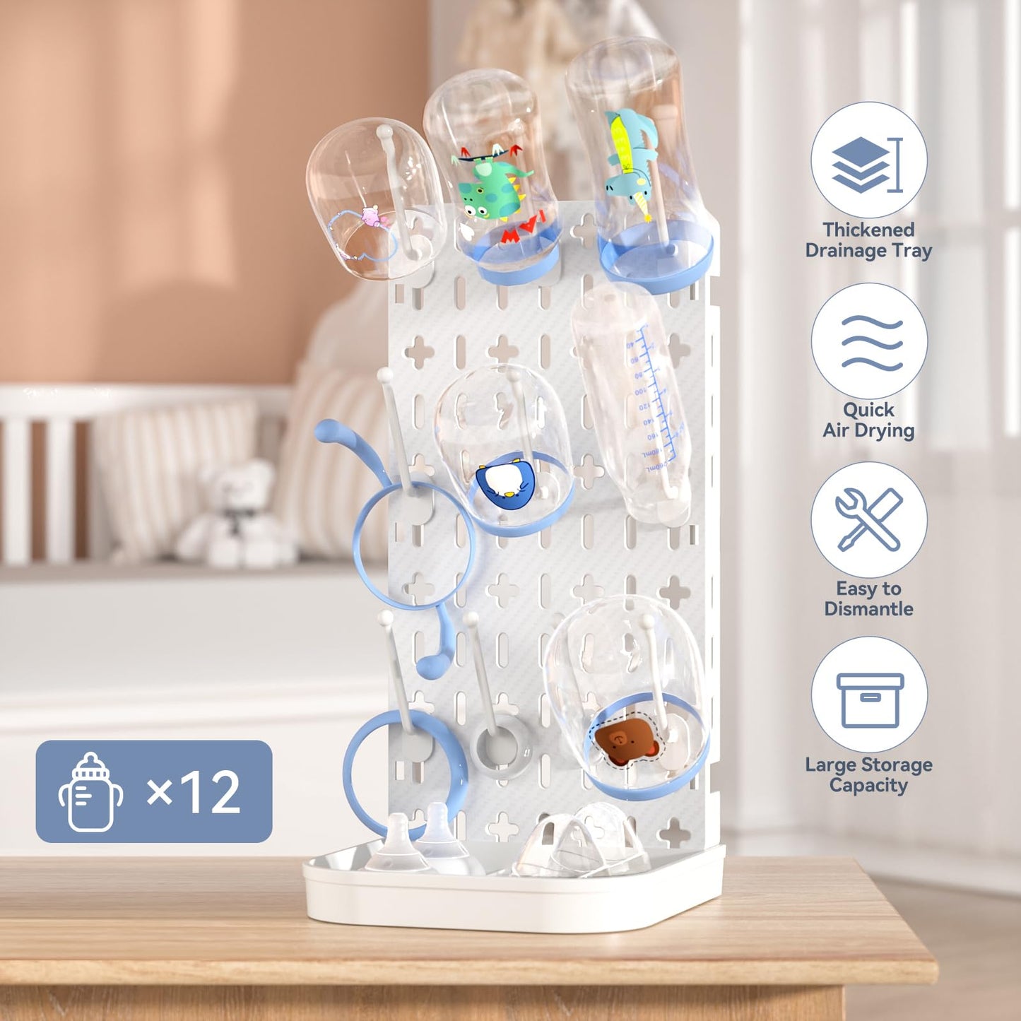 Baby Bottle Drying Rack Baby Bottle Holder Space Saving Bottle Dryer Rack Station Countertop Storage Organizer 12 Travel Bottle Drying Rack Vertical Breast Pump Part Plastic Bag Cup Dryer Tower White
