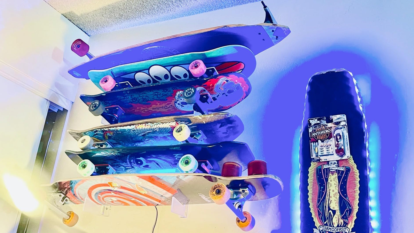 HHUXIUE Wall-Mounted Skateboard Mount - Space-Saving Horizontal Display Rack for Secure Skateboard Storage & Decoration (3 Layers Transparent)