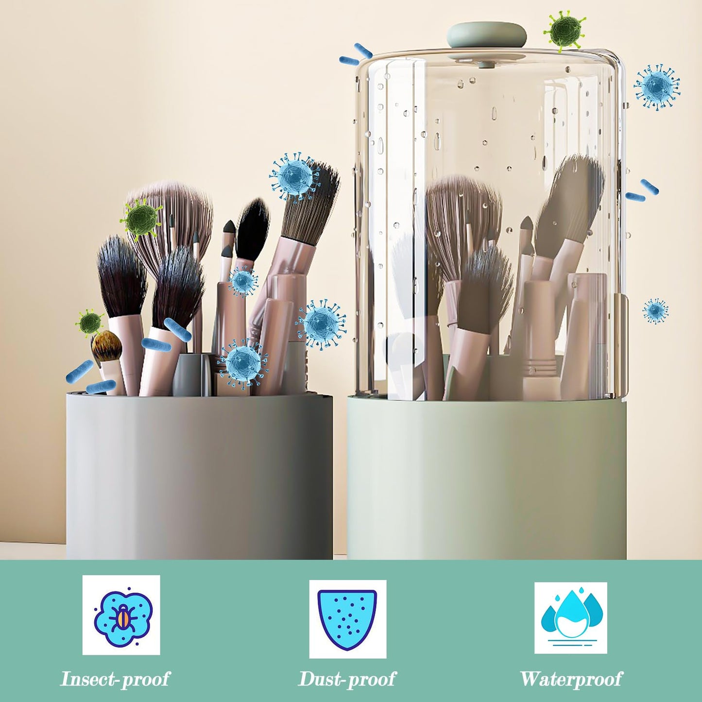 Zufudo Makeup Brush Holder with Dustproof Cover, Clear 360 Rotating Make Up Brushes Organizer for Counter Vanity Bathroom, Sage Green