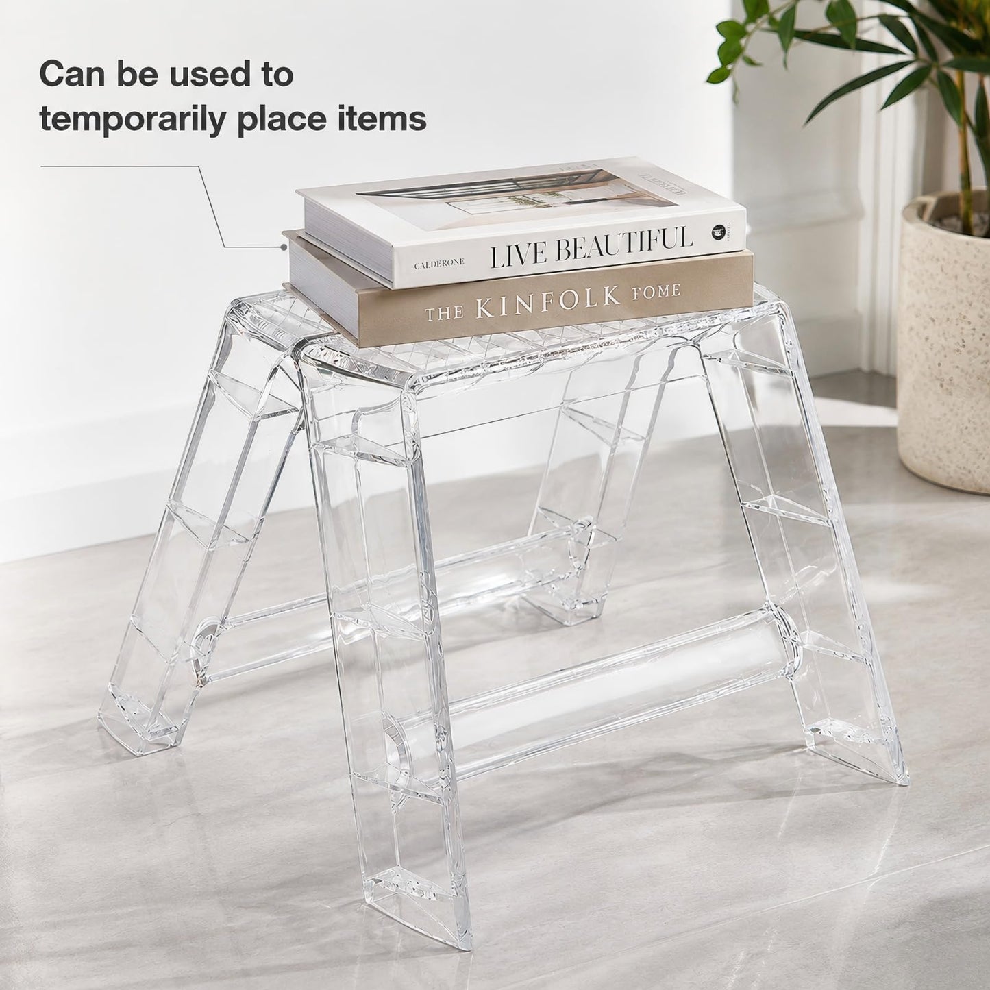 KiroArt Clear Acrylic-Style Folding Stool, Portable Lightweight Folding Seat, Compact Space Saving Stool for Bathroom, Vanity, Bedroom, Closet & Small Spaces(Transparent)