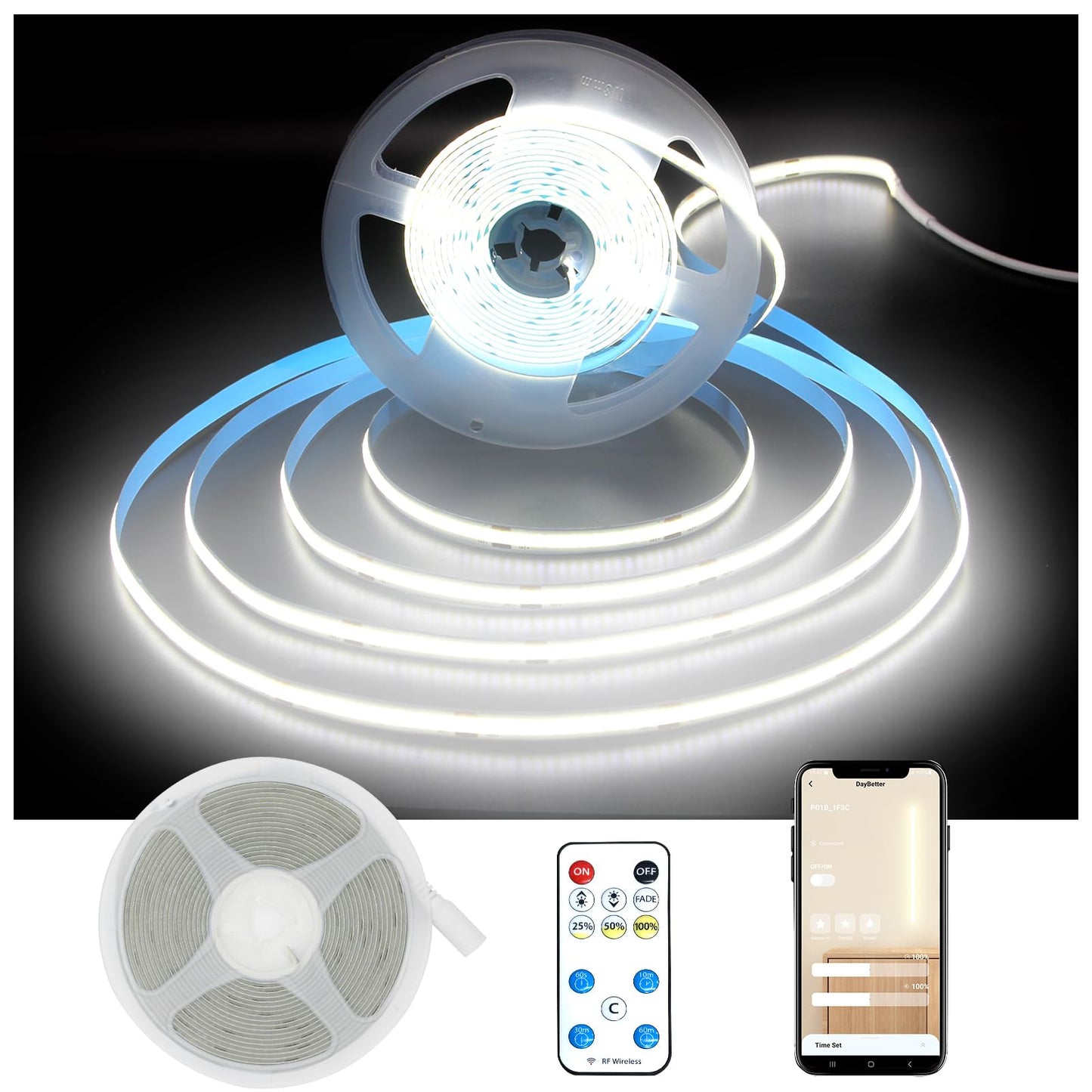 DAYBETTER COB LED Strip Light,LED Lights for Bedroom 16.4ft,Daylight White 6500K Dotless LED Light Strip,1600 LEDs Super Bright Dimmable 24V Flexible Tape Lights with Remote,Kitchen,Cabinets Lighting
