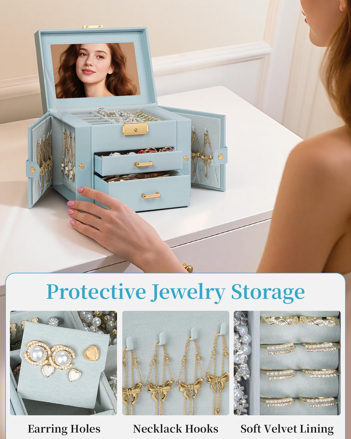 TORIBIO Jewelry Box for Women, Leather Jewelry Organizer with Mirror & Lock, 3-Tier Jewelry Storage Organizer with 2 Drawers for Girls/Women/Mothers, Necklace Earring Bracelets Holder Organizer