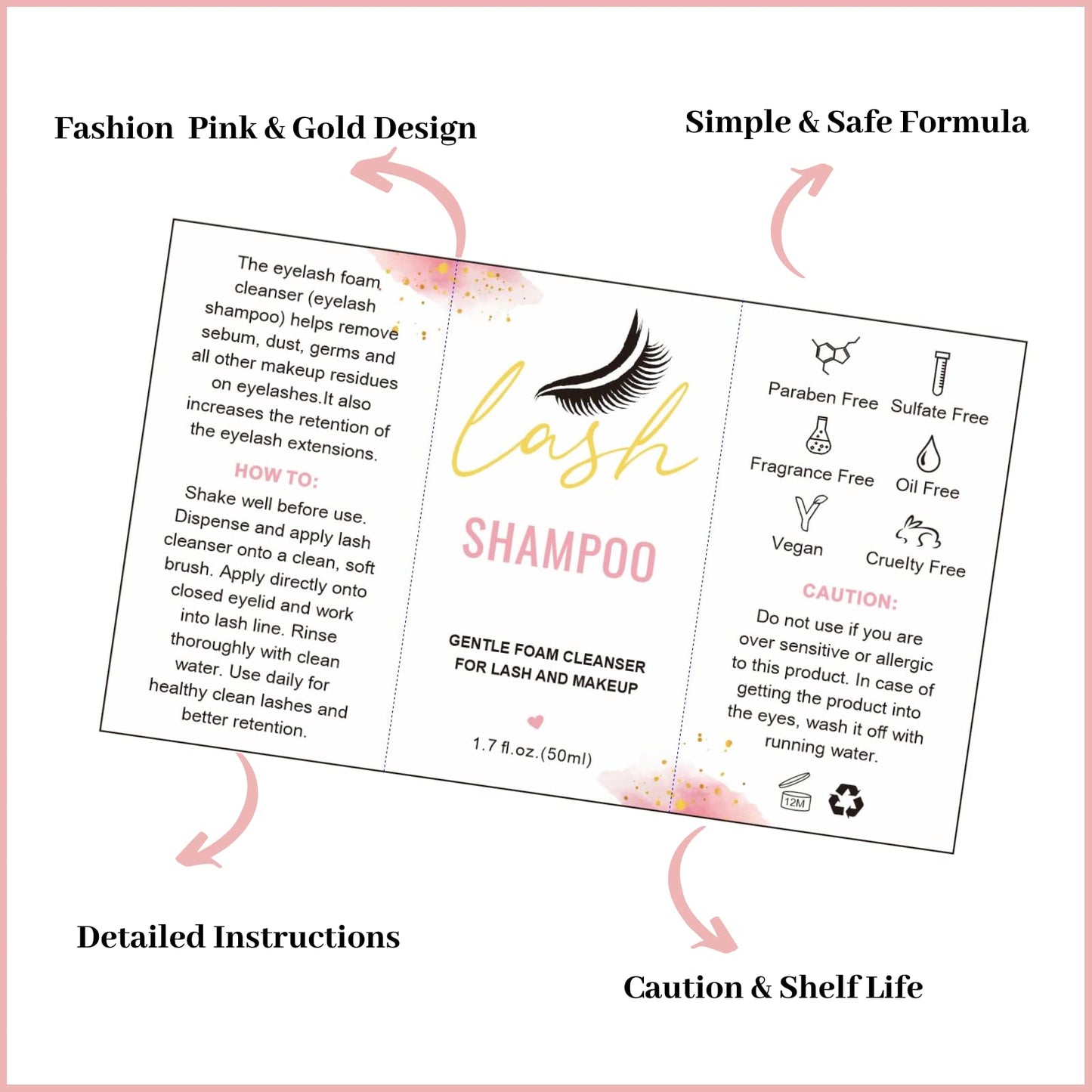 Lash Shampoo Label Stickers for Bottle 50pcs Eyelash Extensions Bath Wash Labels for Foam Pump Dispenser (4 * 2.4 ”, White)
