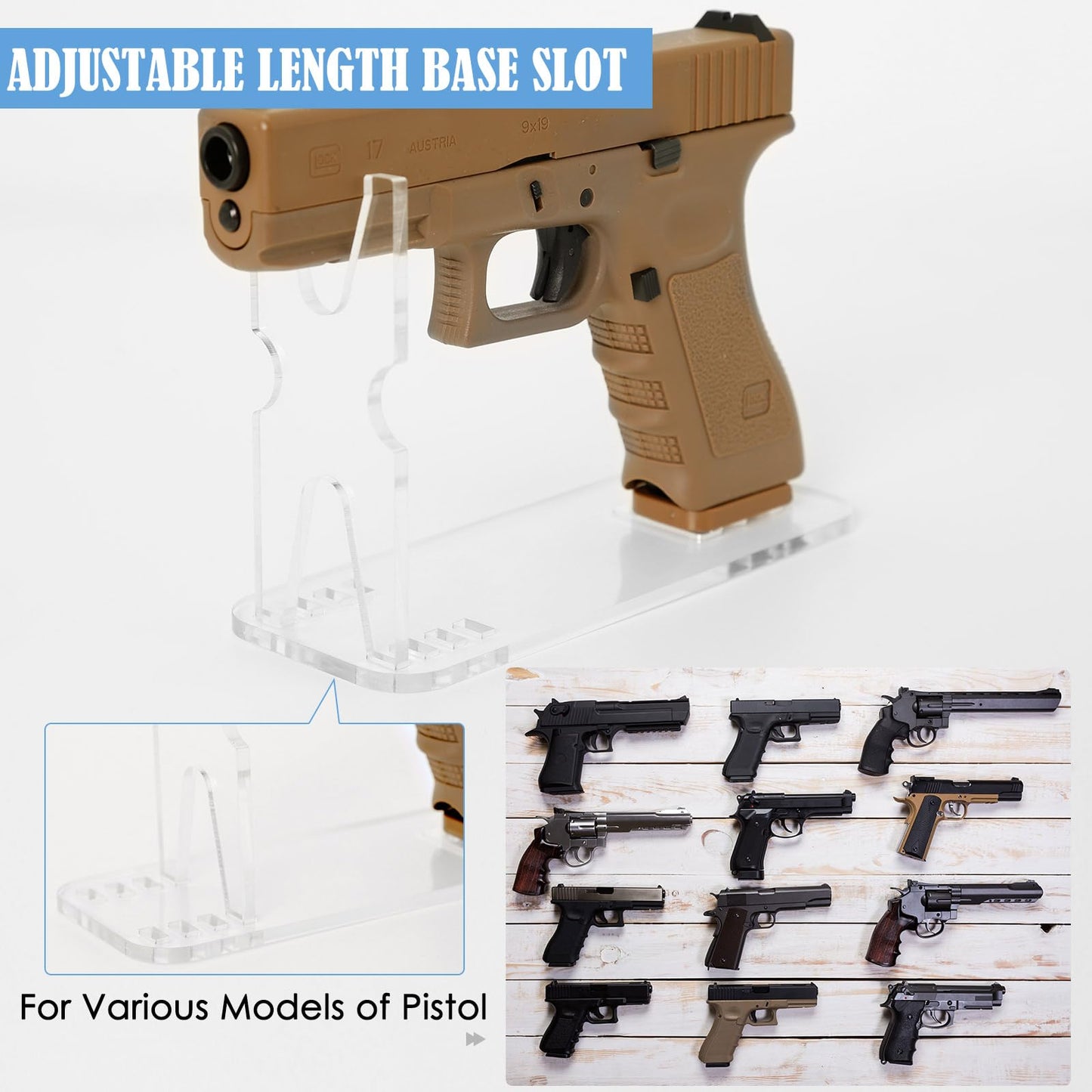 OCQOTAT 2Pcs Acrylic Display Pistol Rack-Adjustable Pistol Stand,Black Transparent Pistol Holder for Hand Gun,Portable Gun Rack for Gun Safe Hidden Gun Storage,Gun Holder Pistol Accessories,7.5x2.75