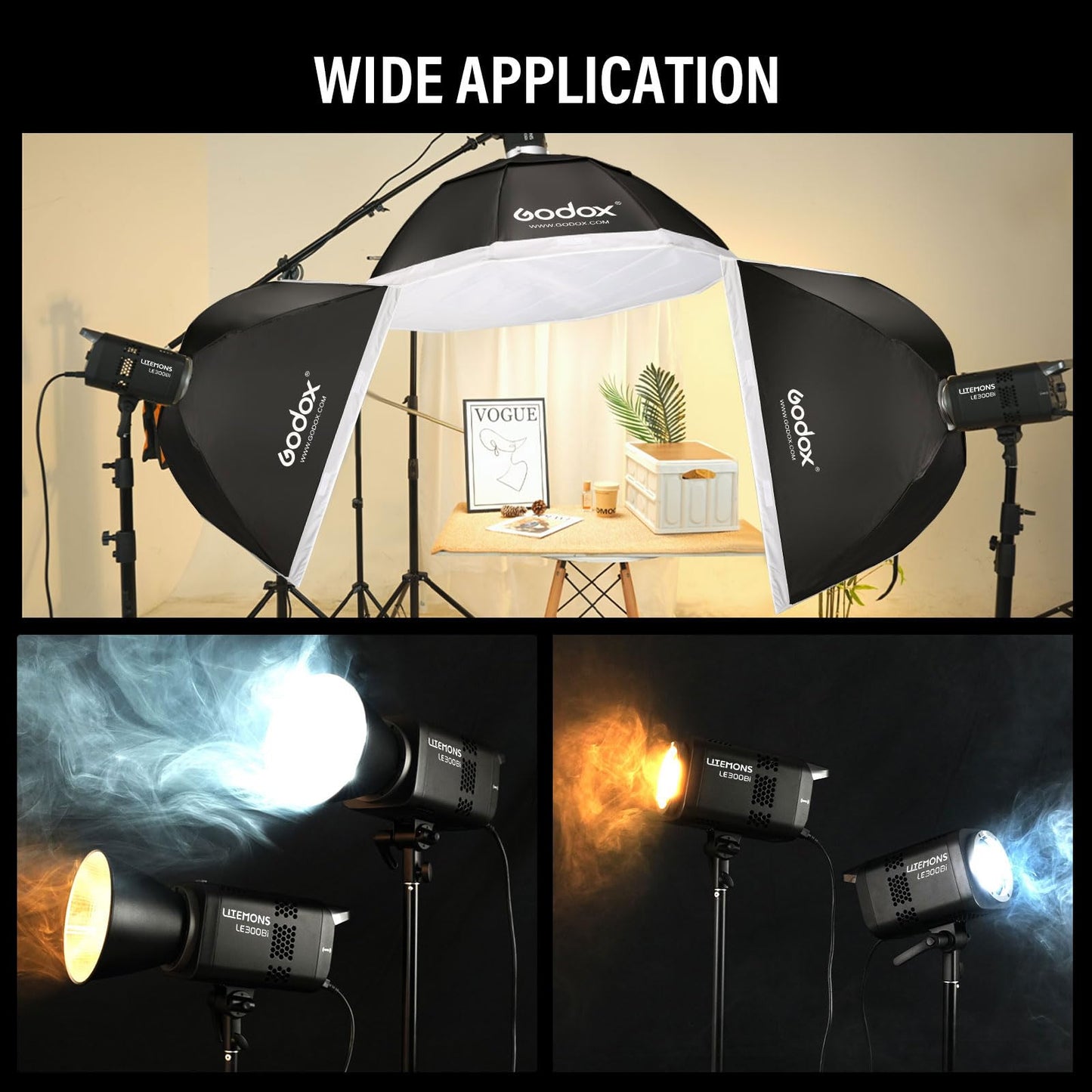 GODOX 3Pack LE300Bi Light Kit, Godox Litemons LE300Bi Video Light with Softbox Light Stand, Bowens Mount, DMX/Bluetooth APP Control, NFC Connection, 2800K~6500K, 58900Lux@1m, CRI/TLCI98, 11 Fx Effects