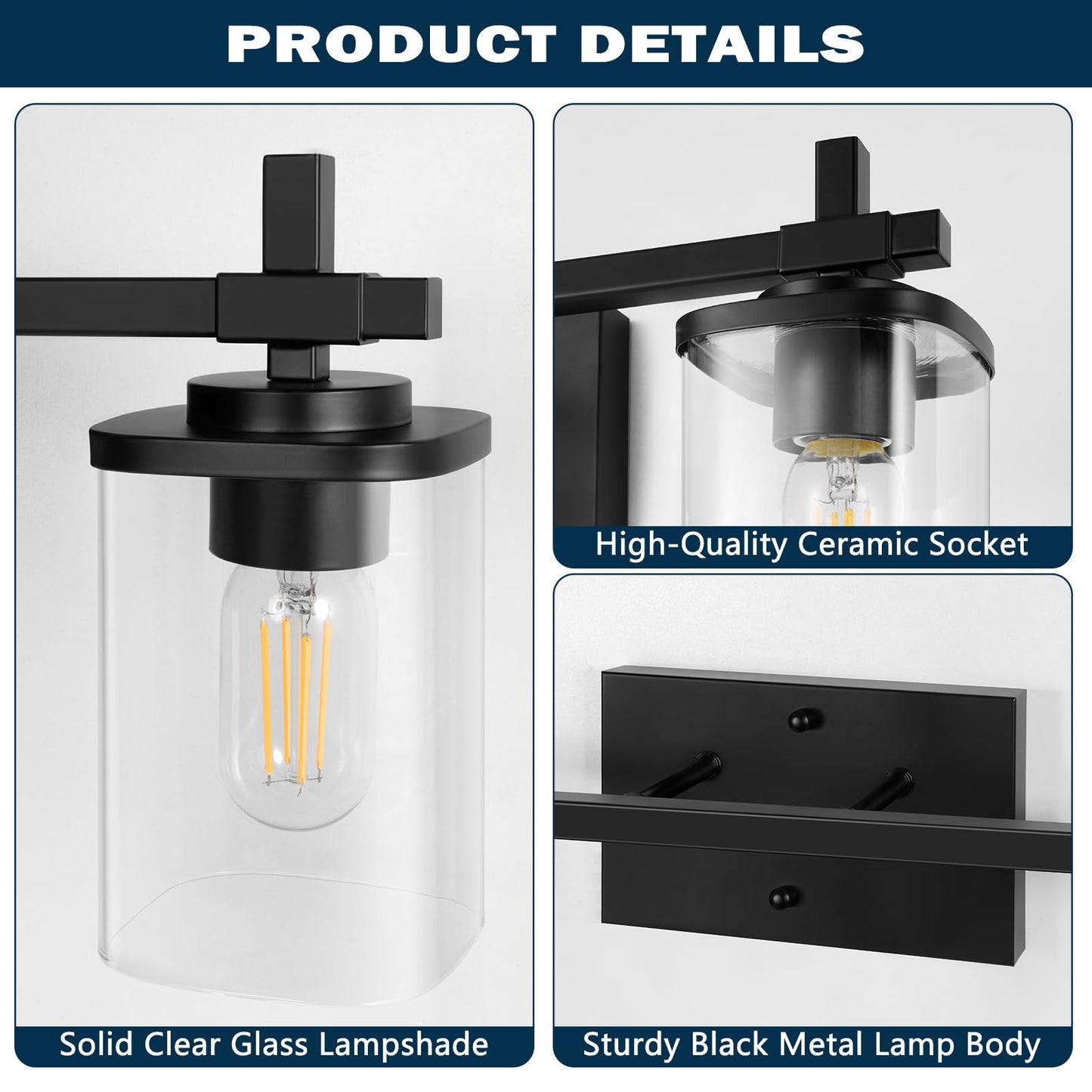 Spiglamm 2-Lights Bathroom Vanity Lights, Matte Black Vanity Light Fixtures Over Mirror, Modern Wall Sconces with Clear Glass Shade, Wall Light Fixture for Bedroom Hallway Living Room