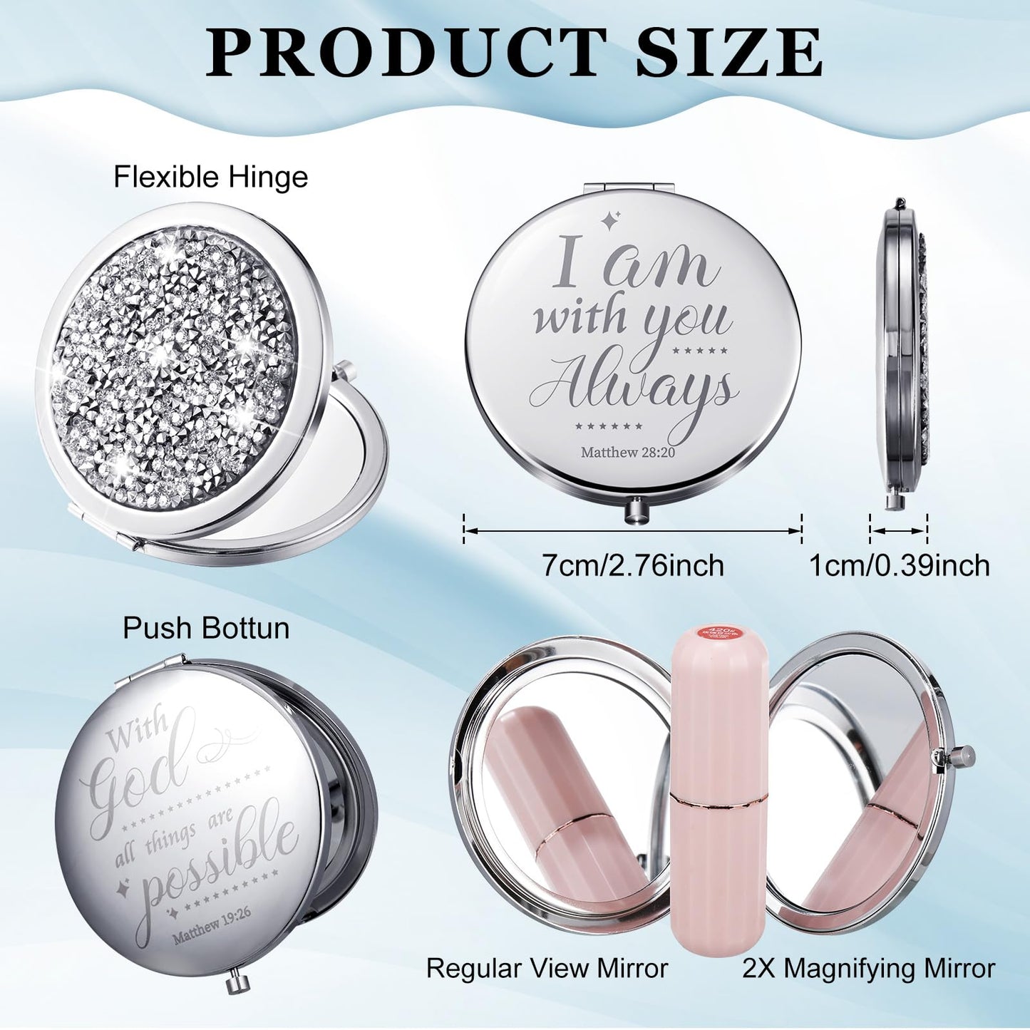 Thyle 12 Pcs Compact Mirror Bulk Gifts Christian Pocket Mirror for Confirmation Favors Catholic VBS Women Bible Verse Wallet Makeup Compact Religious Baptism(Same,Silver)