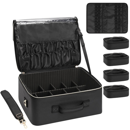 Relavel Extra Large Makeup Bag, Professional Makeup Train Case for Makeup Artists, Travel Cosmetic Organizer with 4 Small Portable Bags & Brush/Lipstick Plate, Adjustable Dividers and Shoulder Strap