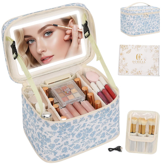 OCHEAL Large Makeup Bag With LED Mirror, Lightweight Travel Makeup Bag With 3 Color Setting Light Up Mirror Cosmetic Makeup Organizer Vanity Case for Women Beauty Tools Accessories Train Case-Floral