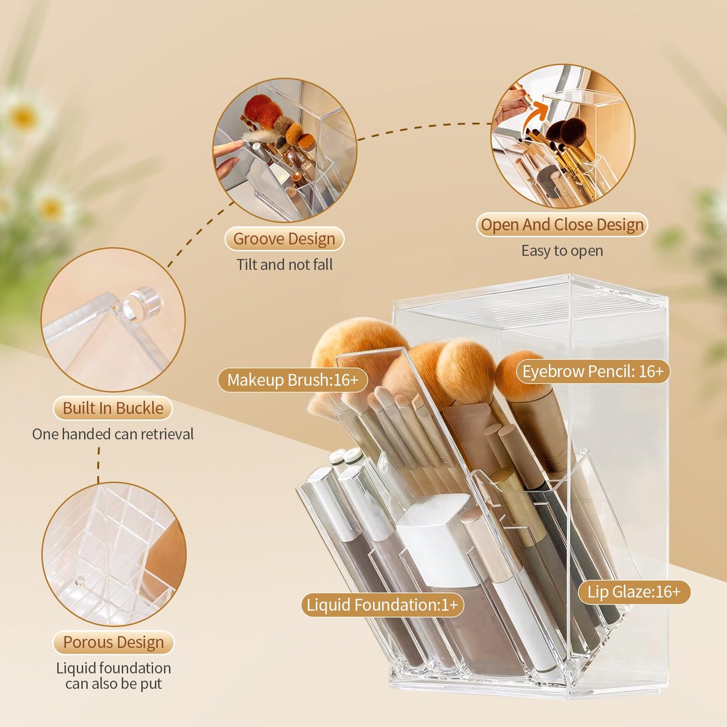 Singring Makeup Brush Holder Organizer with Lid, Acrylic Dustproof Makeup Brush Storage Box, Cosmetic Make Up Brush Container for Vanity, Bathroom