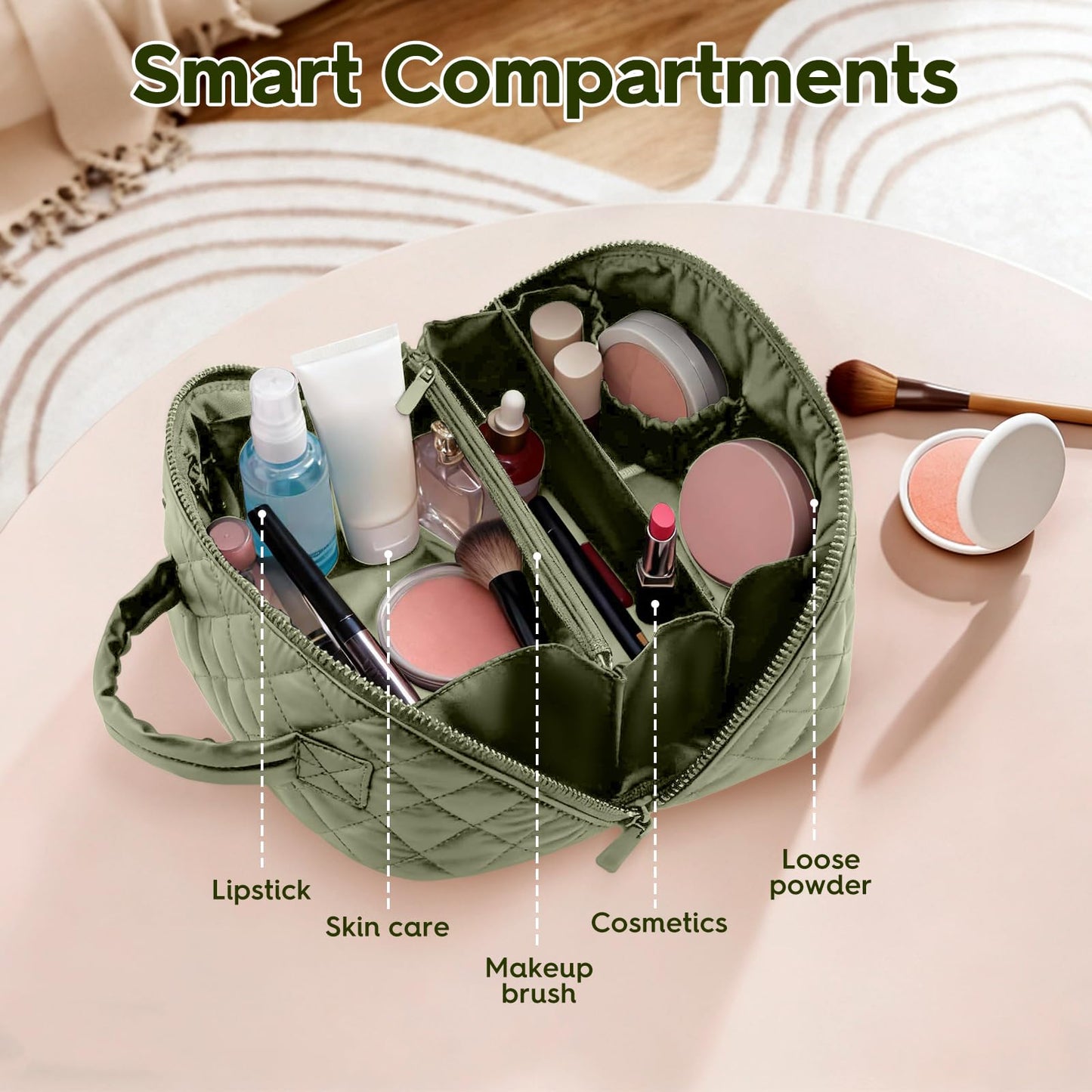 Kezzfpa Makeup Bag, Quilted Makeup Bag, Cosmetic Organizer Bag, Travel Makeup Bag, Waterproof Pouch Toiletry Bag for Women Makeup Organizer Case (Green)