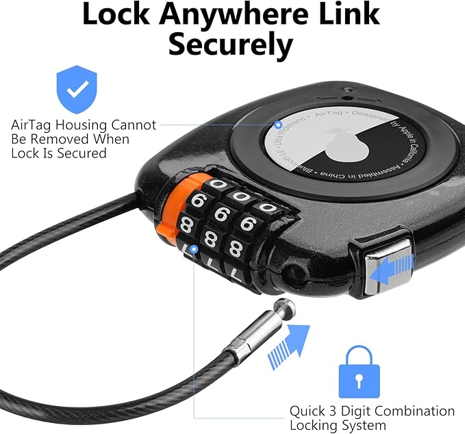 Compatible with Apple AirTag Secure Lock with Wire Cable, 3-Digit Combination Luggage Locks, Alloy Body Ultra Durable Anti-Lost Protective Case for Luggage, Suitcase (Black*2)