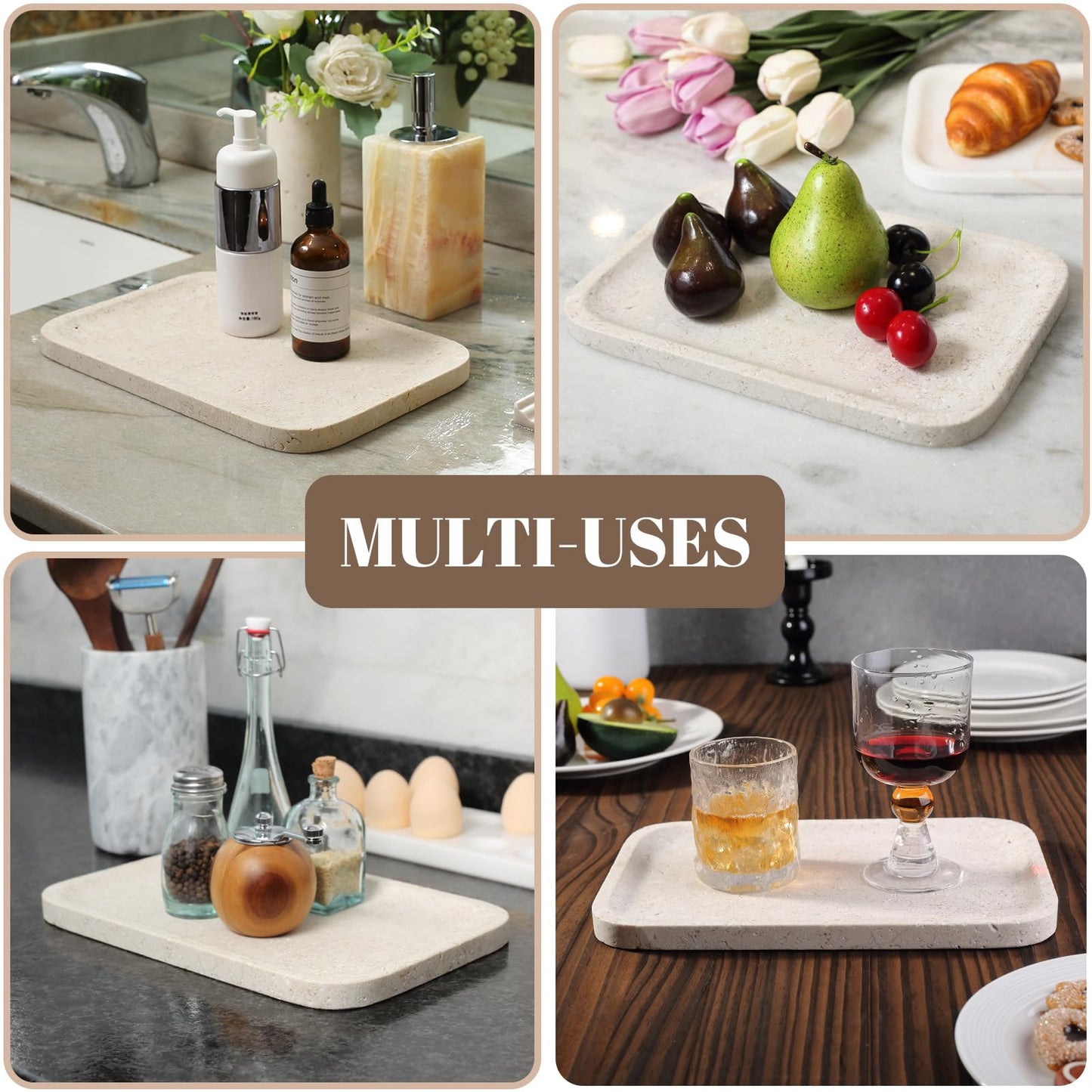 Koville Marble Vanity Tray, 12"x8" Marble Catchall Tray for Countertop Bathroom Kitchen Dresser, Rectangular Decorative Stone Tray for Jewelry Cosmetics Perfume Trinket(Brown)