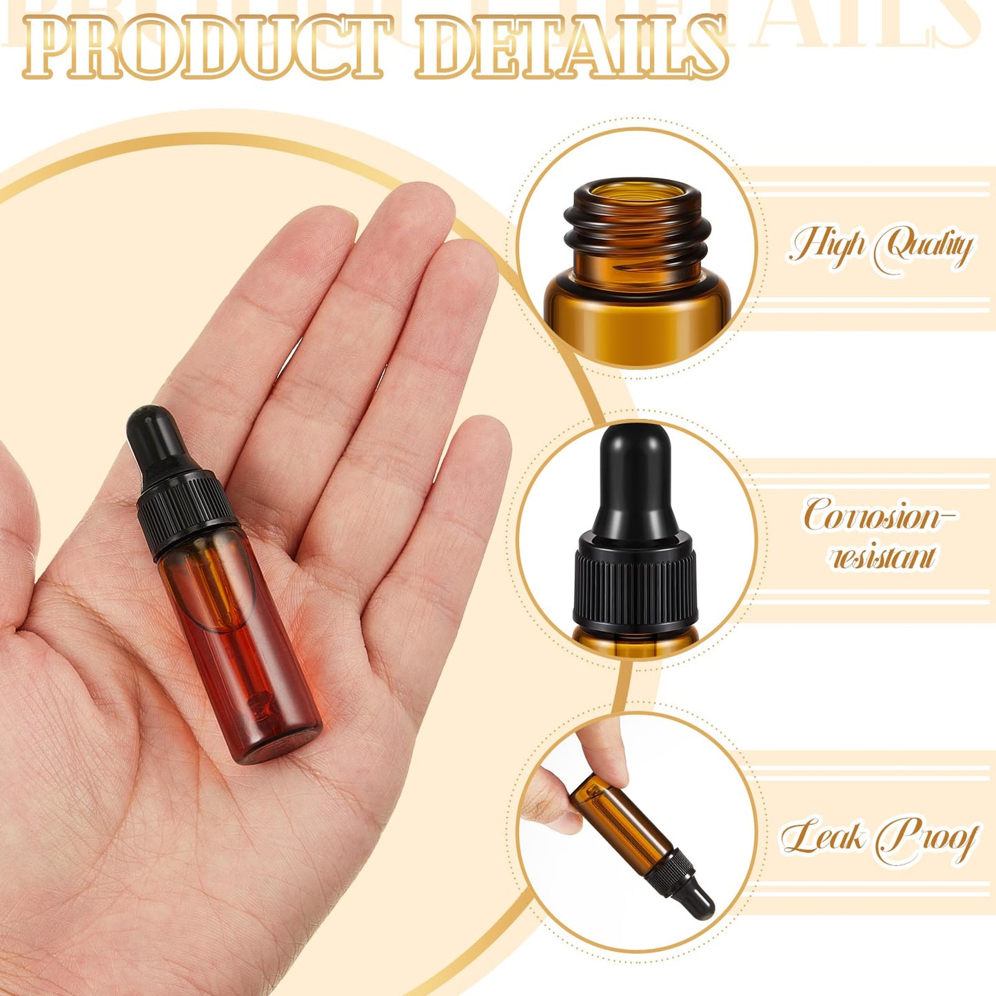 Didaey 200 Pcs 5 ml Mini Glass Oil Dropper Bottle Bulk, Clear Essential Small Empty Bottles Sample Containers Perfume Liquid Vials with Cap for Traveling (Amber)