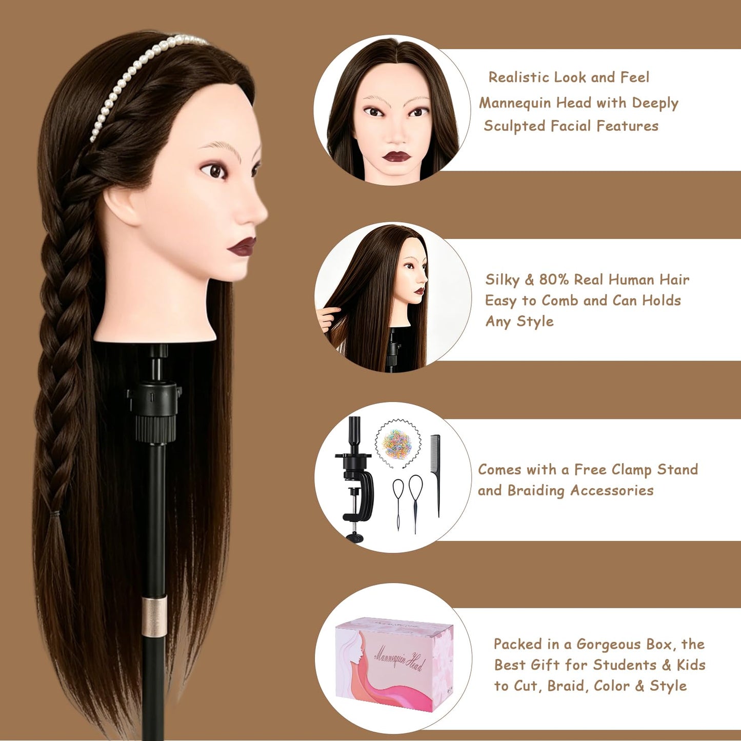 Beauty Star 26 Inch 80% Human Hair Mannequin Head for Hair Practice, Realistic Cosmetology Mannequin for Cutting Braiding Styling, Training Doll Head with Clamp Holder & Styling Tools