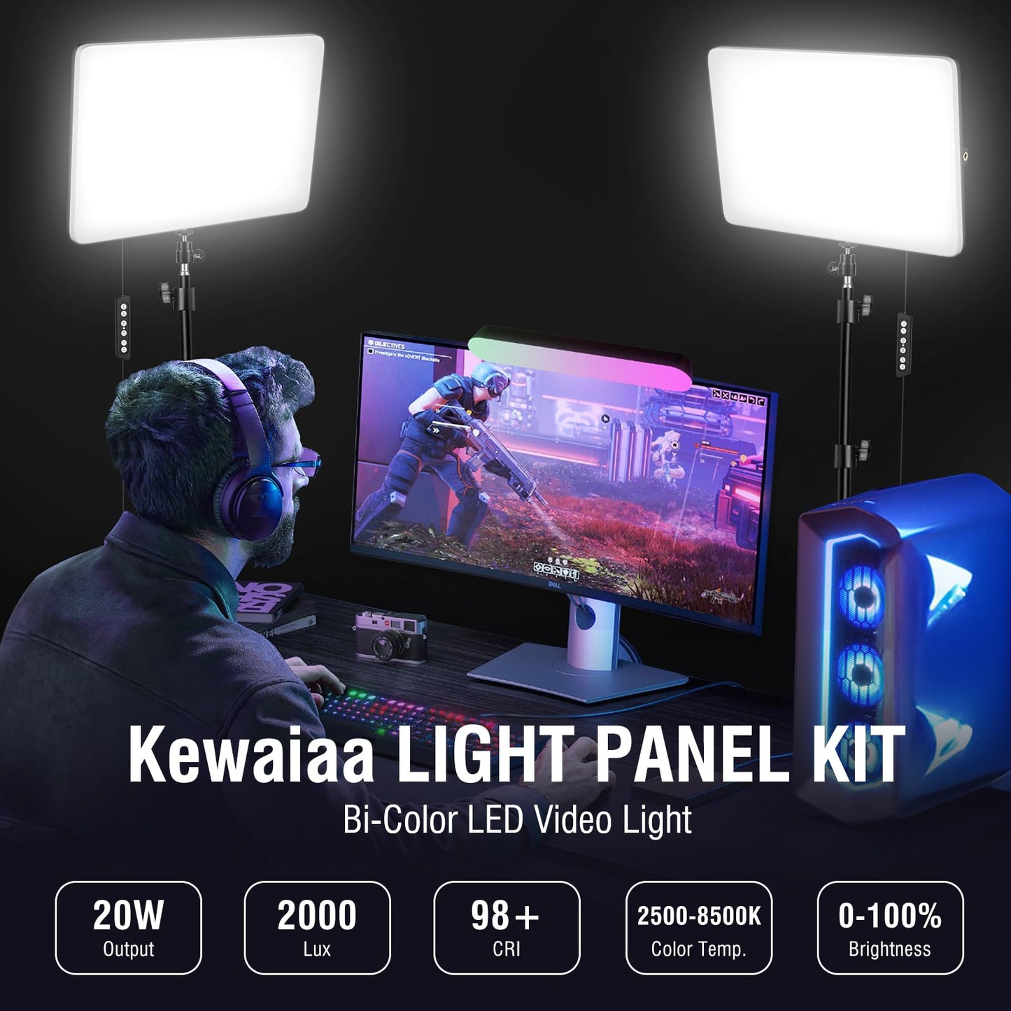 2-Pack LED Video Light Kit with 63'' Tripod Stand, 2500K-8500K Dimmable Studio Light Photography Panel Lighting for Video Recording Game Live Streaming Podcast YouTube Filming, Phone Holder