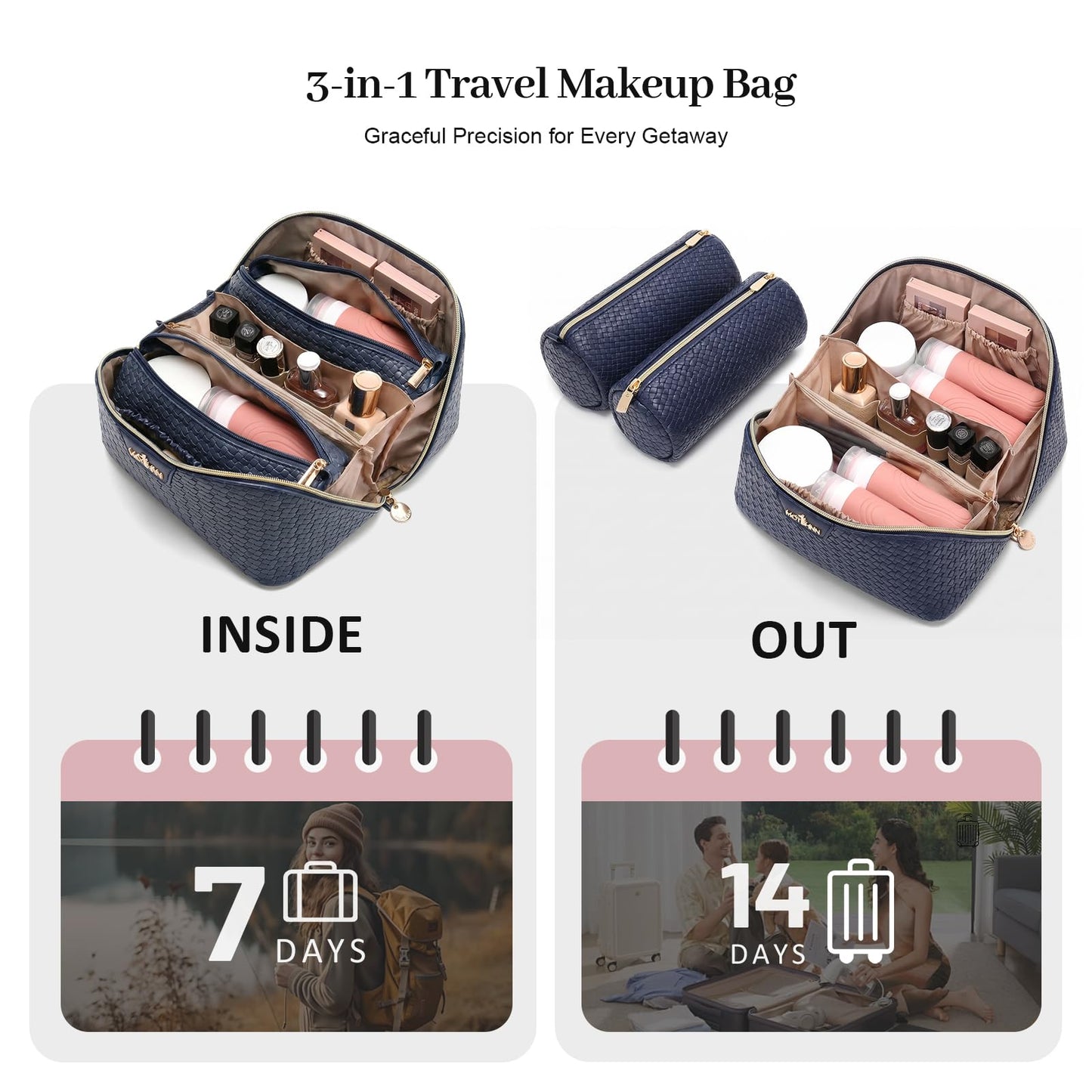 Travel Makeup Bag for Women: 3 Pcs Set Cosmetic Bags for Women - Large Capacity Vagen Leather Hand-made for Toiletry Organizer - Waterproof Ladies Travel Flat Open Essentials for Luxury (02Blue)