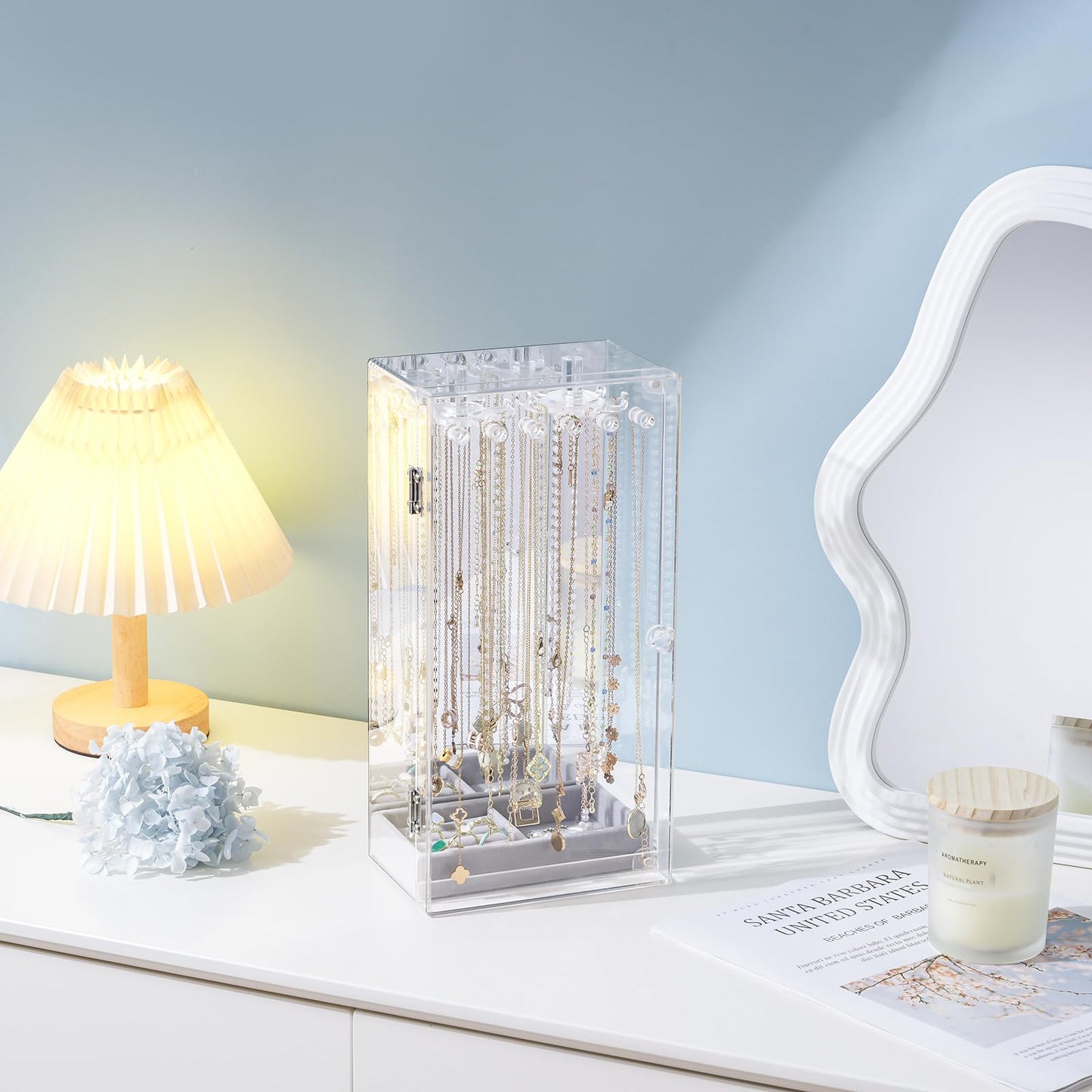 Lolalet Necklace Holder Organizer, Acrylic Jewelry Organizer with 24 Hooks, Rotating Clear Necklaces Display Box with Built-in Mirror, Dust-proof Jewelry Storage Case with Velvet Tray -Clearmirror