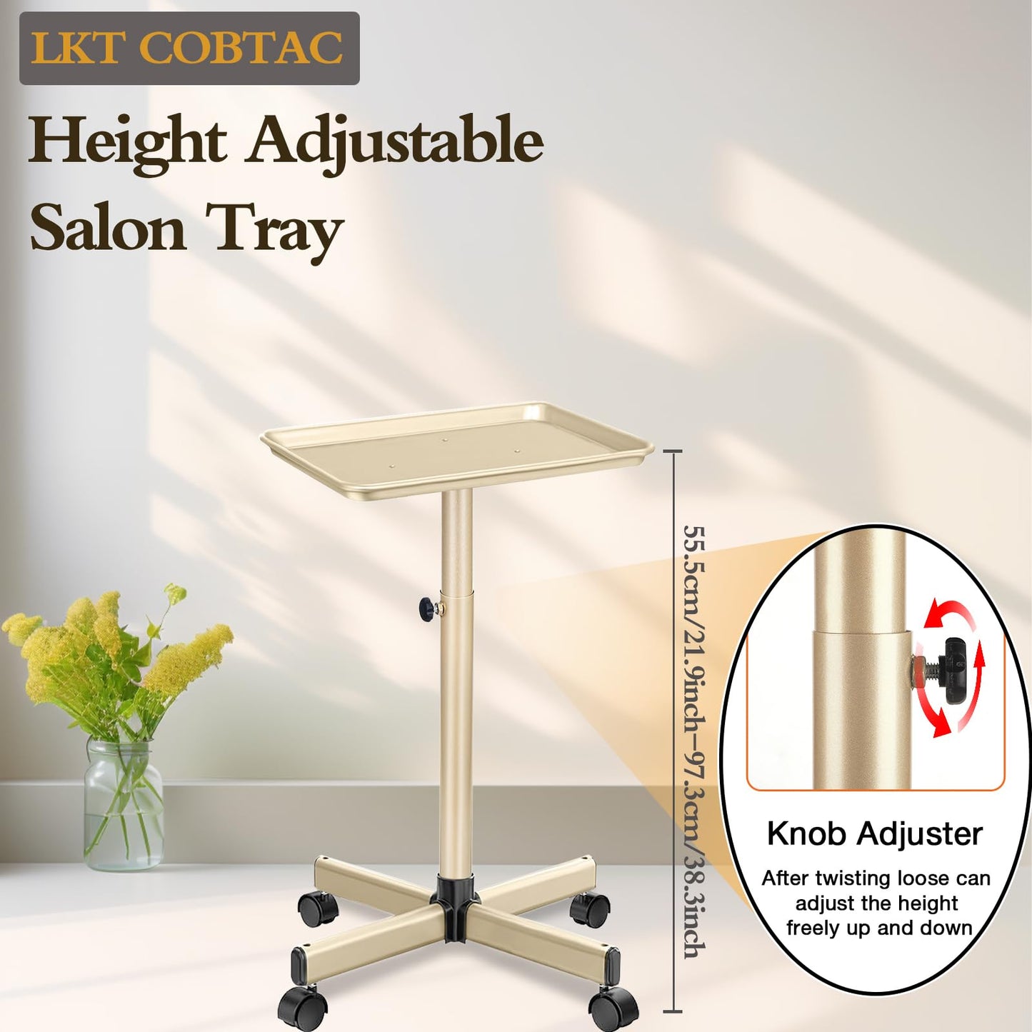 LKT COBTAC Salon Tray Hairdresser Tray on Wheels Hair Tray for Hair Stylist Gold