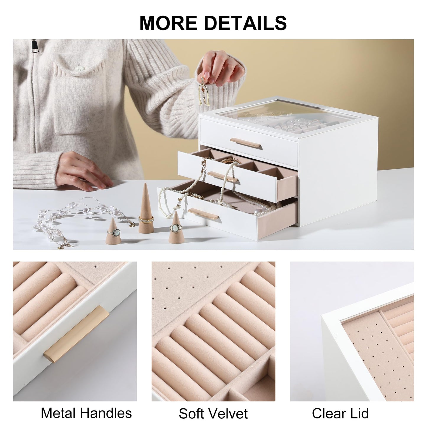 Frebeauty Clear Lid Jewelry Box,3-Layer Jewelry Organizer with Drawer,PU Leather Jewelry Organizers and Storage,Jewelry Boxes for Women,Jewelry Storage for Rings Earring Stud,Gift for Women(White)