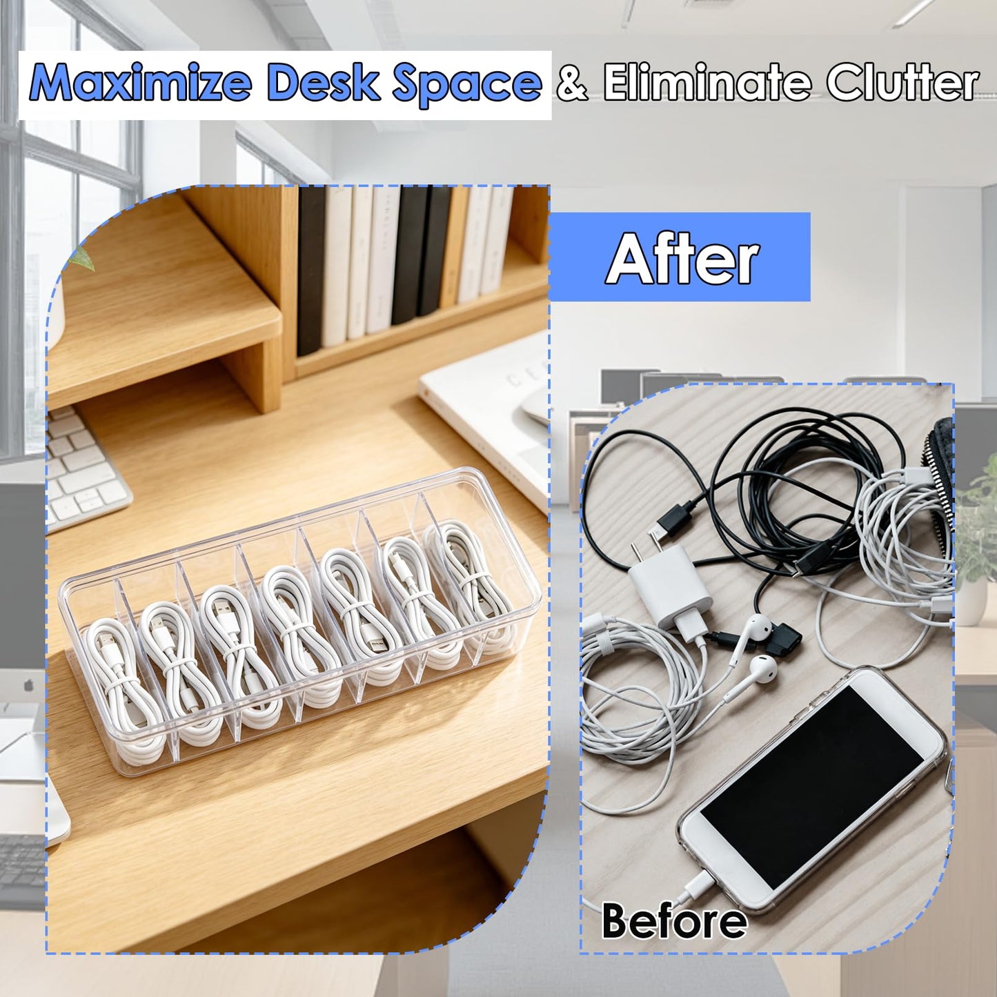 Dyrfolm 3 Pcs Cable Organizer Box with Lid,Clear Plastic Cord Storage Box with 8 Compartments and 21 Wire Ties, Electronics Organizer for Home Office Drawer Desk Accessories