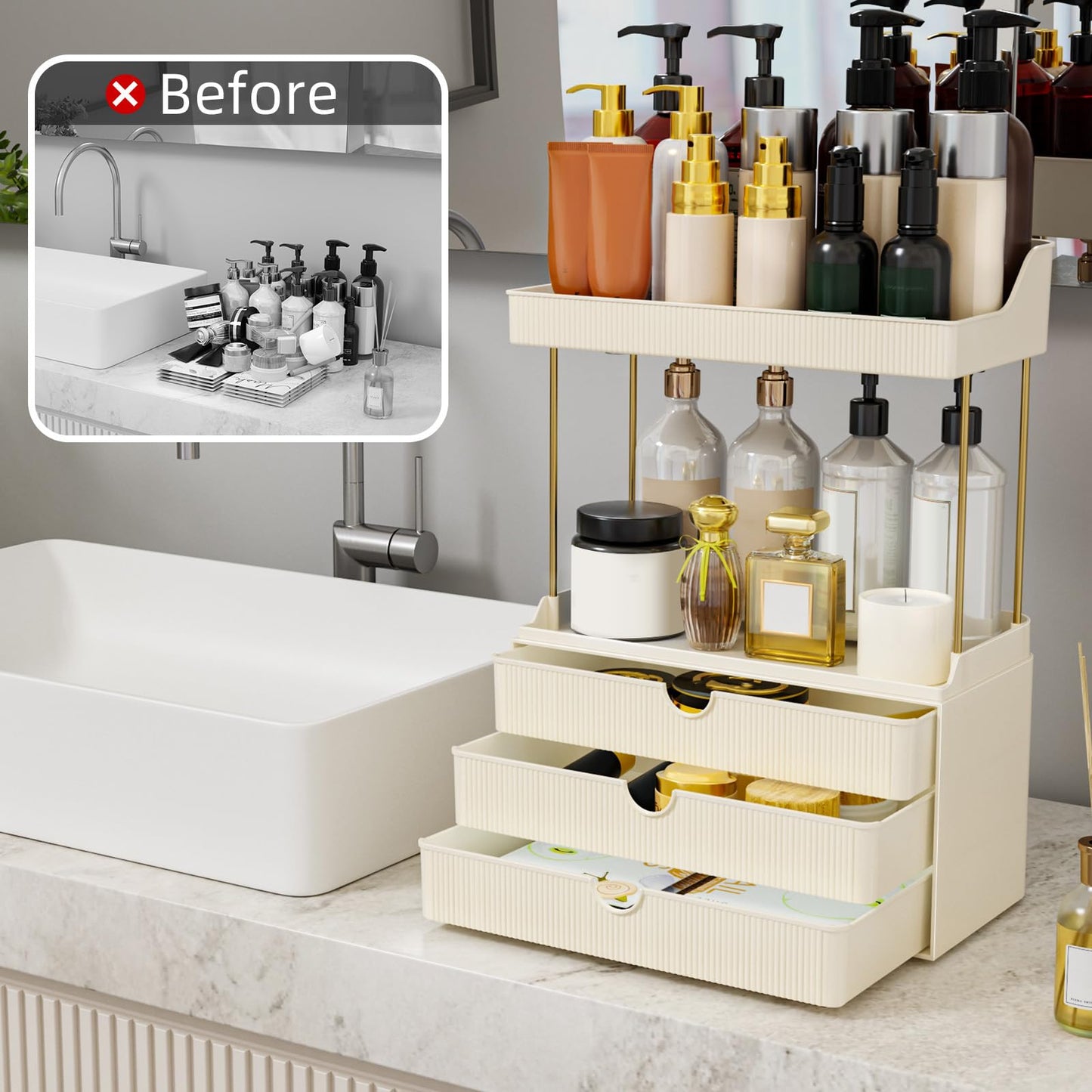 StorBin 3 Drawers Bathroom Vanity Organizer Sidesplashes- 5 Tier Makeup Organizer, Versatile Perfume Organizer, Ideal for Bathroom Storage, Vanity, Large Skincare, Perfume, Present, Cream White