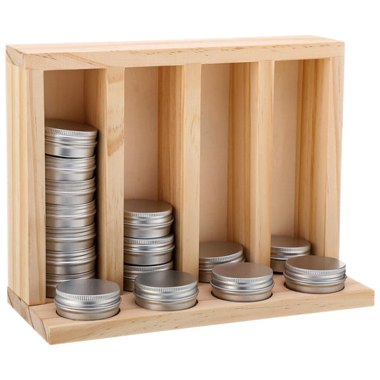 Fiwochic 4 Slot 0.5 oz Wood Balm Tin Display Holder with Engraved Backing Option Holders Natural Color Lip Balm Tin Organizer Dispenser for Retail Market Craft Booth Room Display