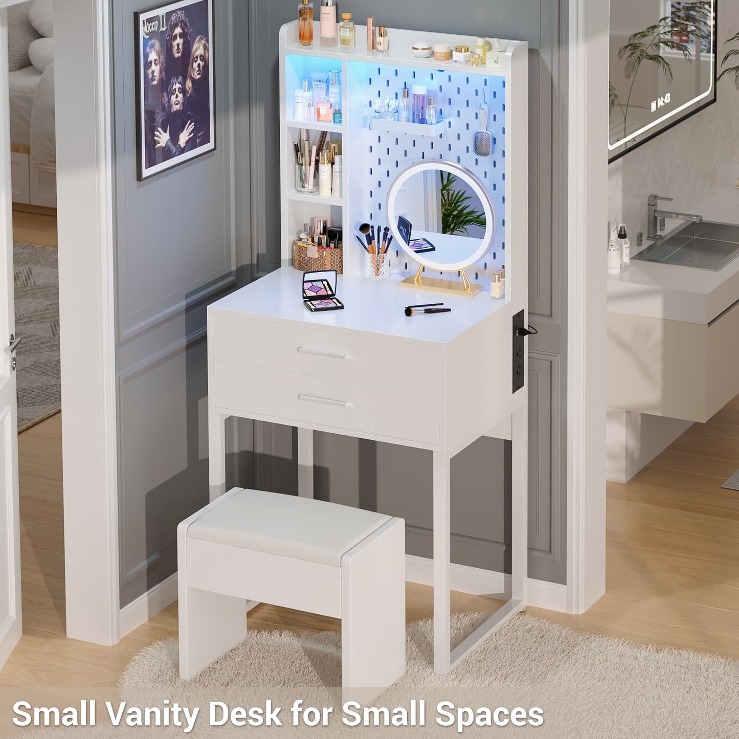 Besiost Small Vanity Desk with Hutch and Drawers, White Makeup Vanity Desk with Charging Station, Vanity Table Dressing Table with LED Lights, Vanity Desk No Mirror with Pegboard for Girls Women, 24"