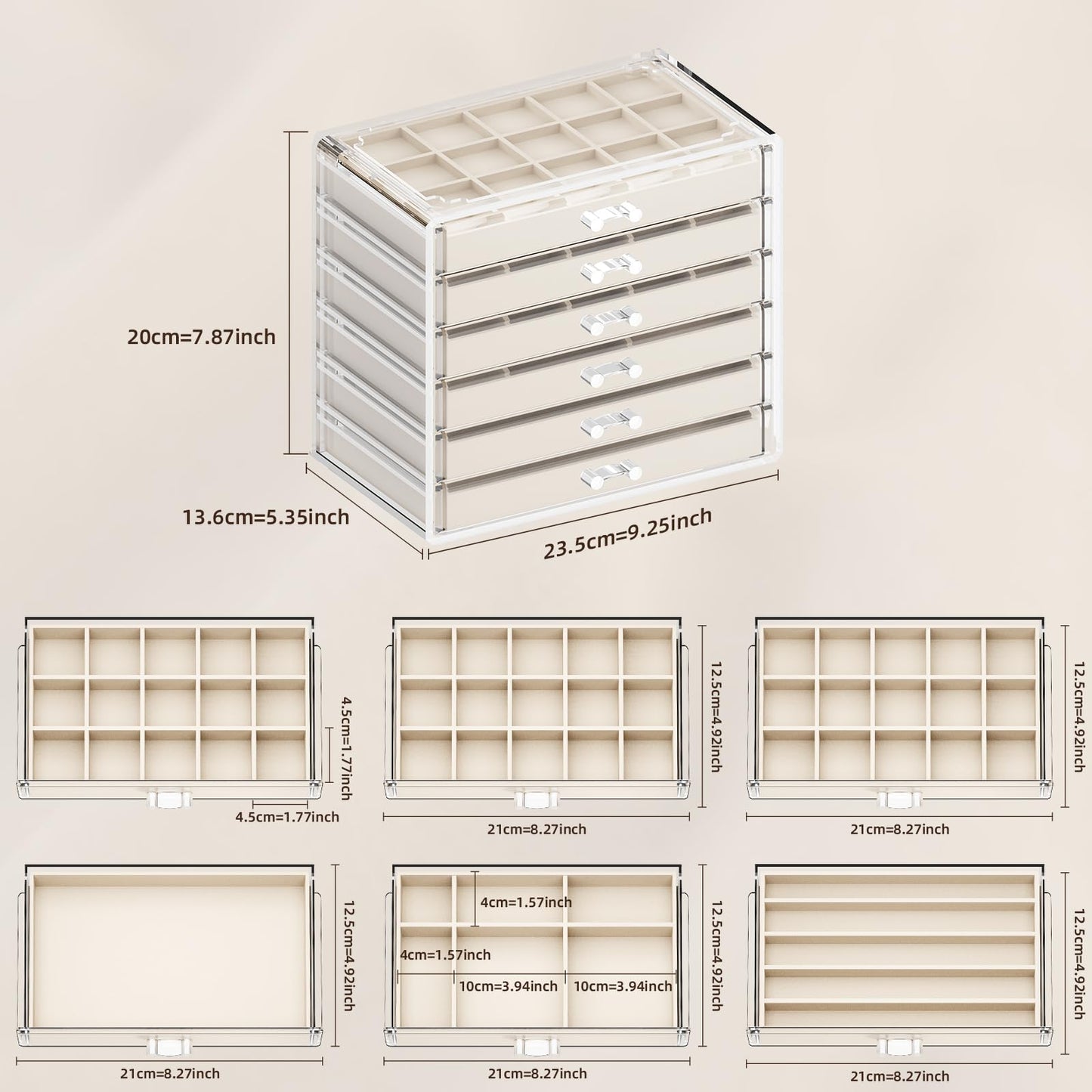 GlowSai Clear Jewelry Organizer Earring Holder Organizer, Jewelry Box with 6 Drawers Clear Acrylic Stackable Earring Case with Adjustable Velvet Trays for Women and Girls, Warm White