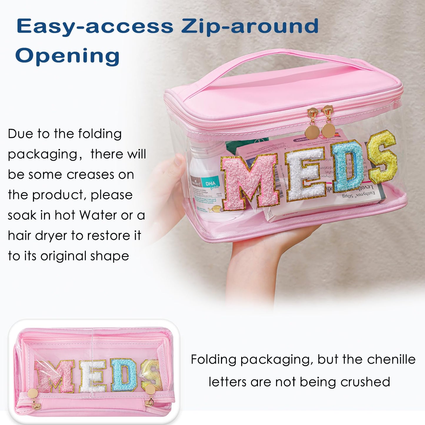 Personalized Chenille Letter Clear Hair Makeup Bag, Large Size Waterproof Nylon Cosmetic Toiletry Storage bag with Top Handle, Transparent Meds Hair Travel Organizer Cosmetic Bag(05Hair-Green)
