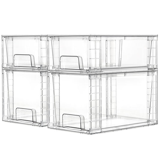 Vtopmart 4 Pack Clear Stackable Storage Drawers,Under Sink and Kitchen Organizers Storage,Easy to Assemble Plastic Drawers for Baby Bottle,Medicine, Bathroom,Cabinet and Pantry Organization