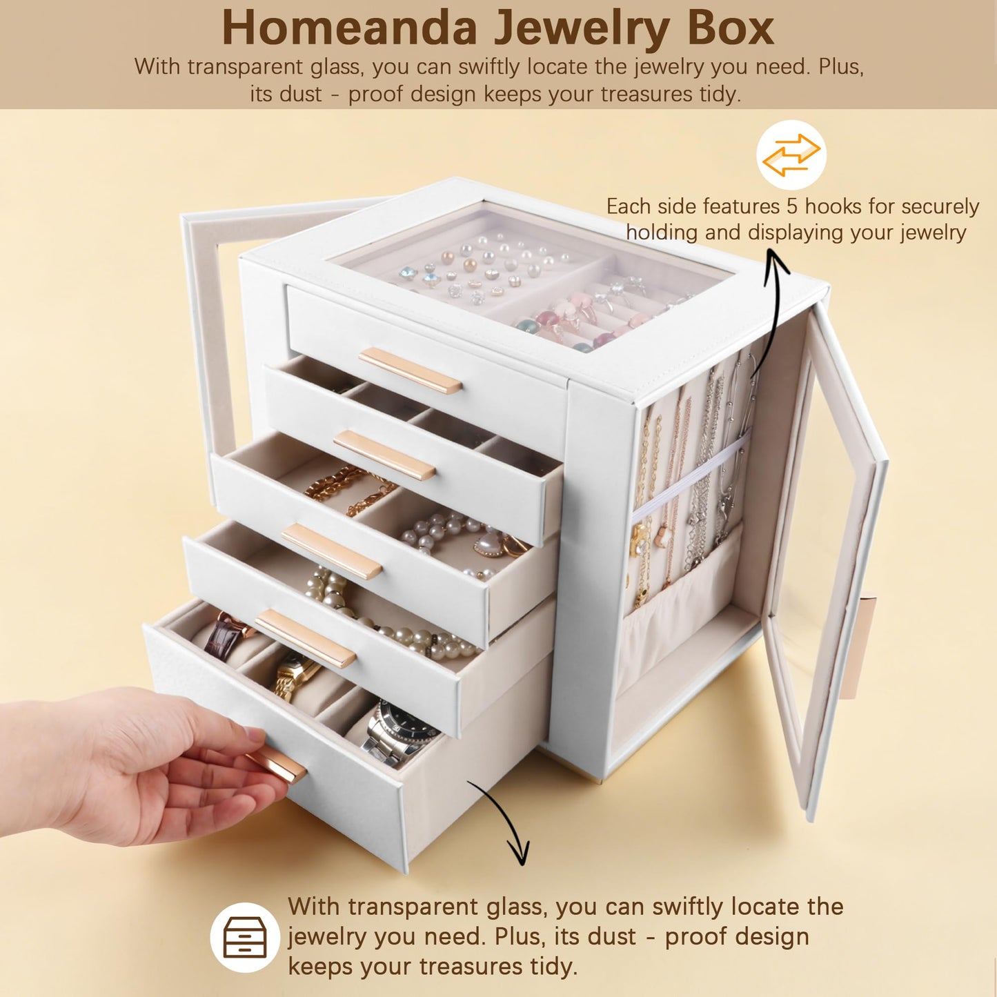 Homeanda Jewelry Box for Women with Glass Lid, 5 Drawers Jewelry Organizer and Storage for Necklaces, Rings, Earrings, Bracelets, Gift for Girls and Teens,PU Leather (White)