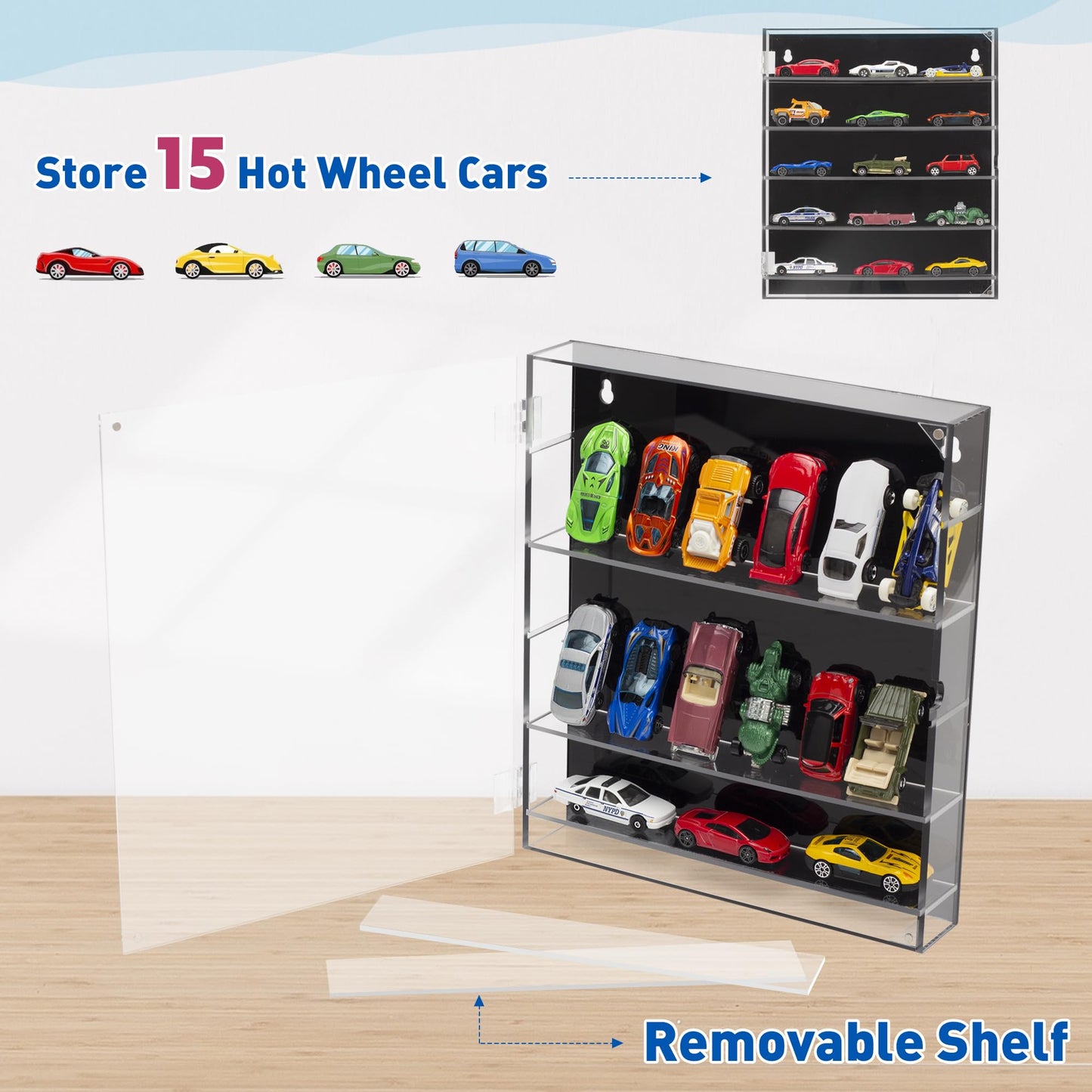 KISLANE 5-Tier Acrylic Toy Car Storage, Toy Cars & Matchbox Cars Display Case, Transparent Toy Car Case Showcase with Magnetic Switch Door (5-Tiers)