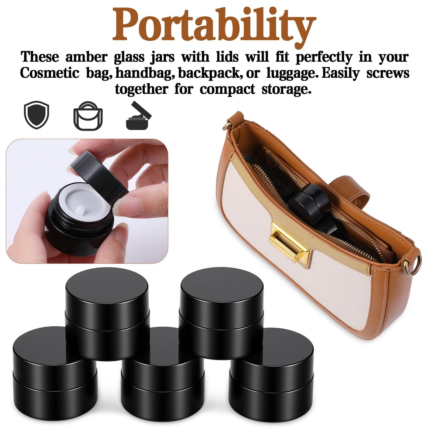 30 Pack Small Sample Containers with Lids, 5ml Amber Glass Sample Jars for Cosmetics, UV Protection Refillable Mini Jars for Skincare, Cream, Essential Oil Storage (1.3" x 1.3" x 1")