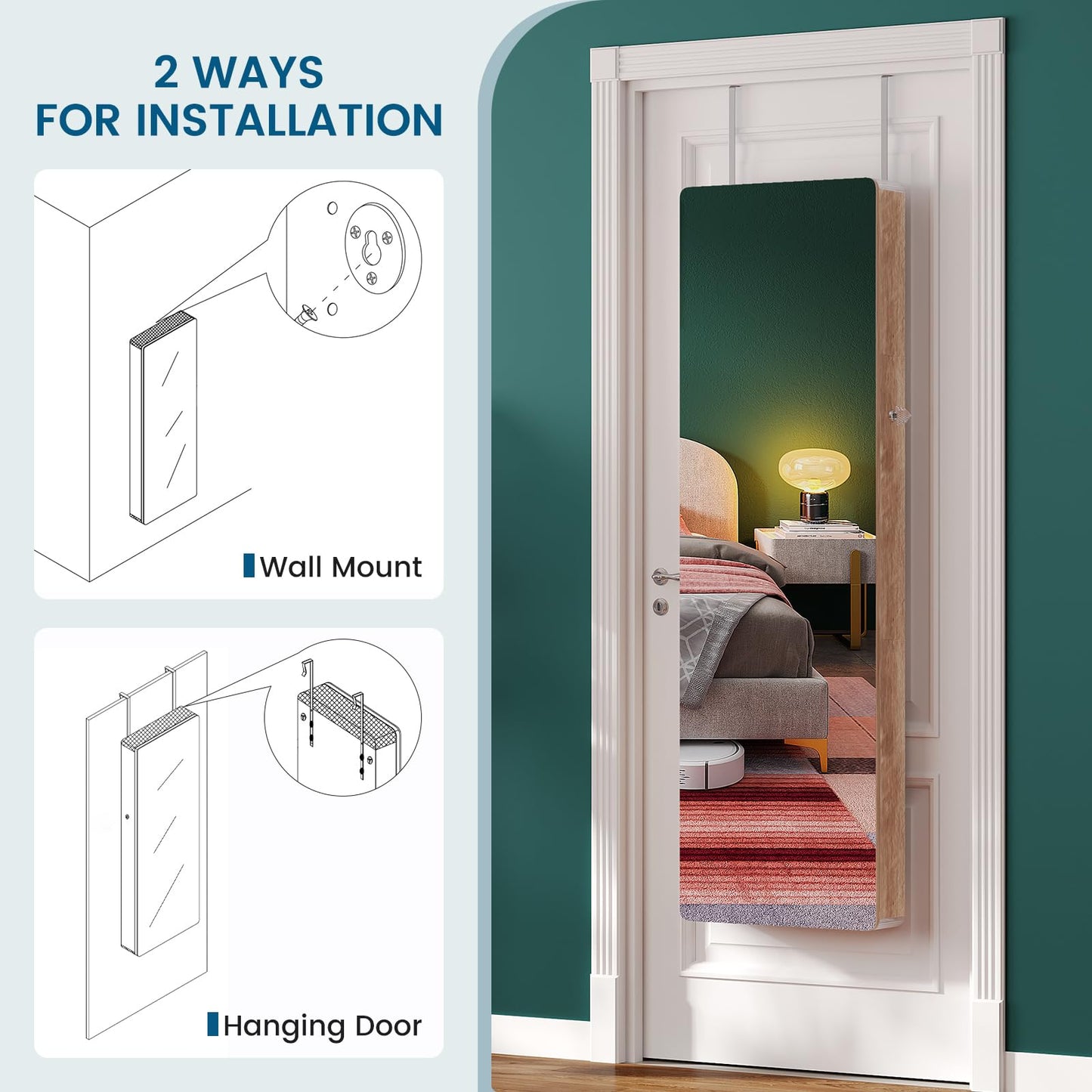 HNEBC Full Length Mirror with Storage, Wall Mounted Jewelry Cabinet with Lights, Lockable Over Door Jewelry Organizer with Drawer, Foldout Makeup Tray 47.2" Hx14.5 Wx3.9 D,Natural