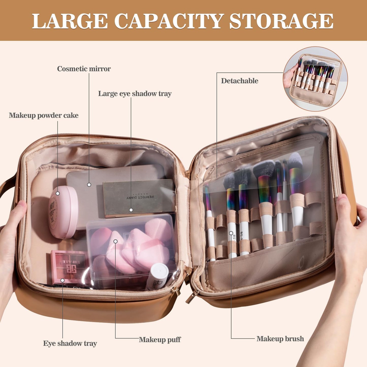 BS-MALL XL Makeup Case Premium Makeup Bag with Soft Leather, Waterproof and Durable for Long-Term Use