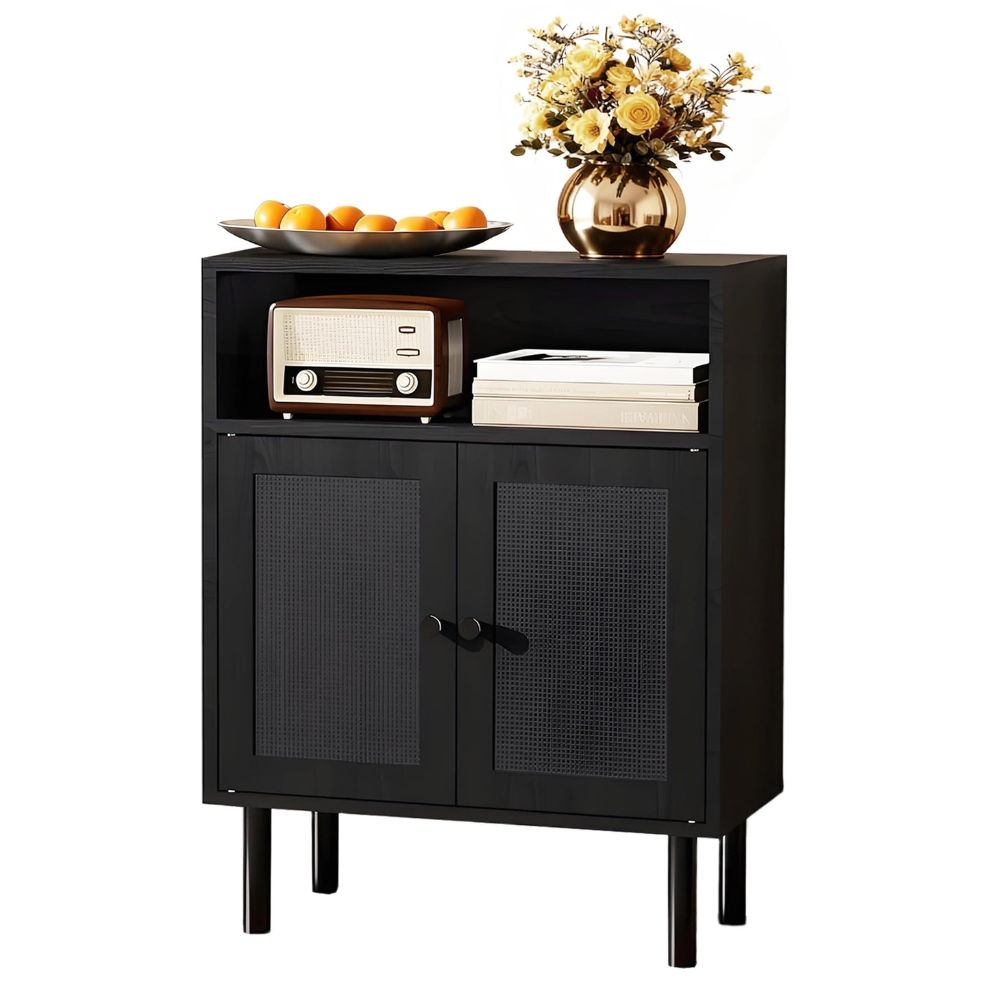 DongRong Rattan Storage Cabinet, Boho Accent Cabinet with Double Doors, Small Freestanding Sideboard for Hallway, Laundry Room,Kitchen, Dining Room, Entryway (Black)