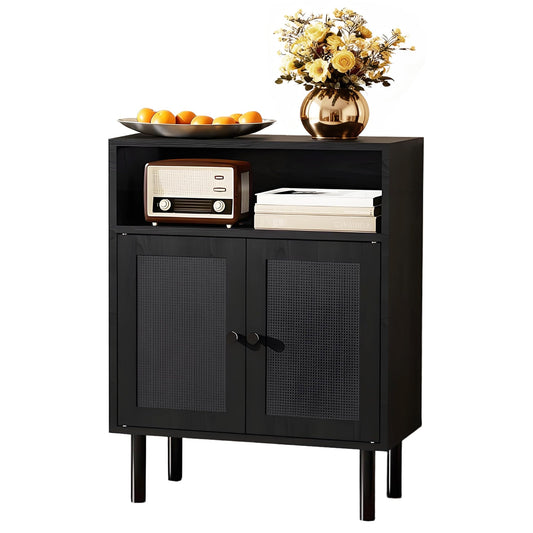 DongRong Rattan Storage Cabinet, Boho Accent Cabinet with Double Doors, Small Freestanding Sideboard for Hallway, Laundry Room,Kitchen, Dining Room, Entryway (Black)