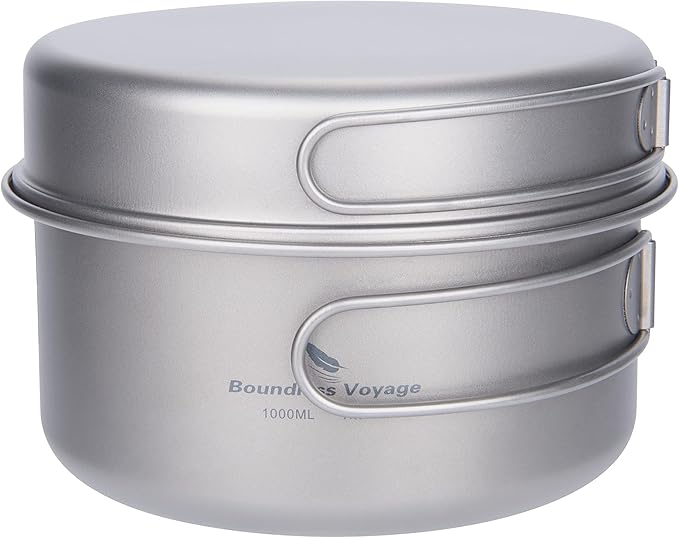 Boundless Voyage Outdoor Titanium Pot with Pan Set with Collapsible Folding Handle for Outdoor Camping Cooking Hiking Backpacking Portable Cookware