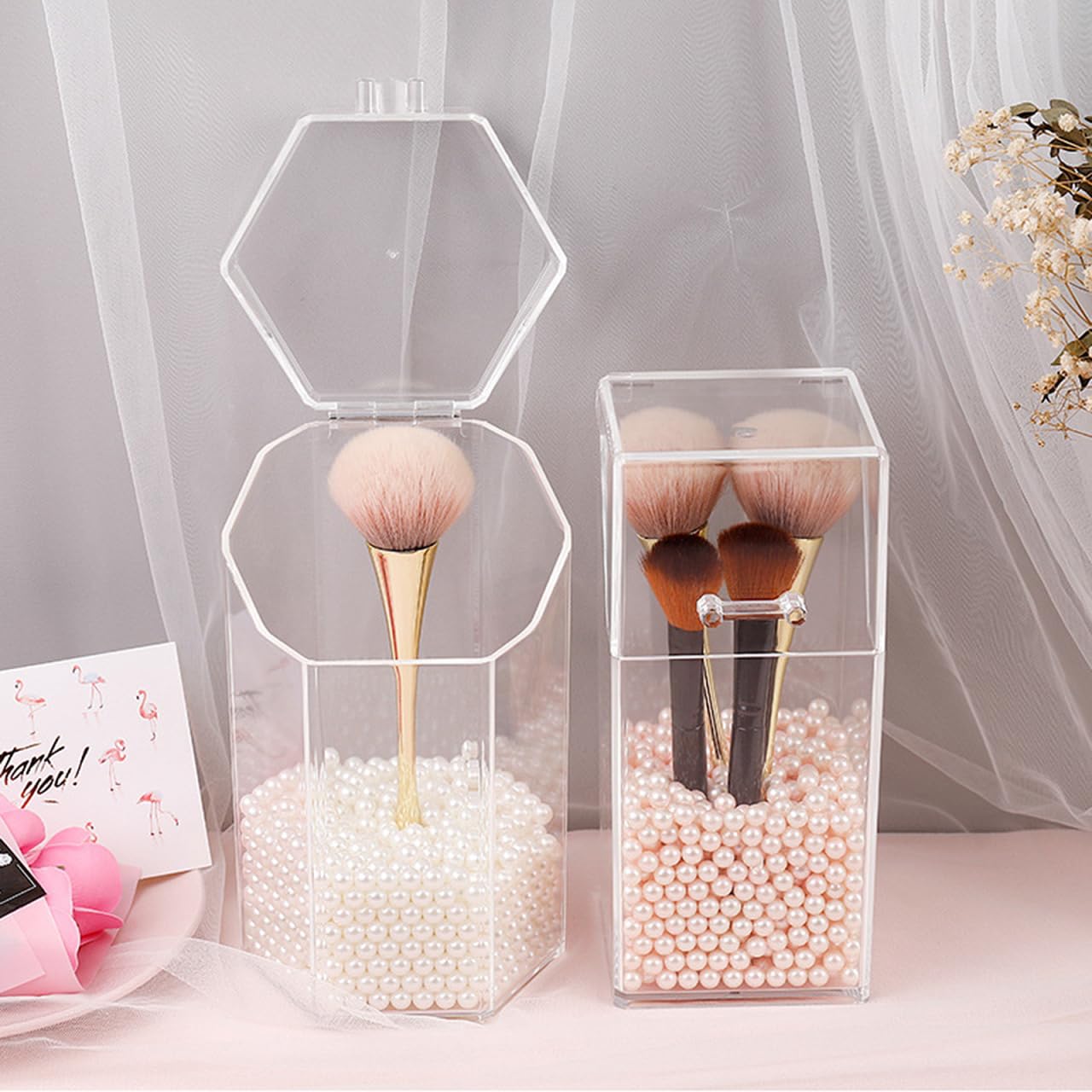 ARTIBETTER Acrylic Makeup Brush Cup, 2pcs Square & Hexagonal， Dustproof Flip Lid Storage Container， Cosmetics Organizer for Vanity Table
