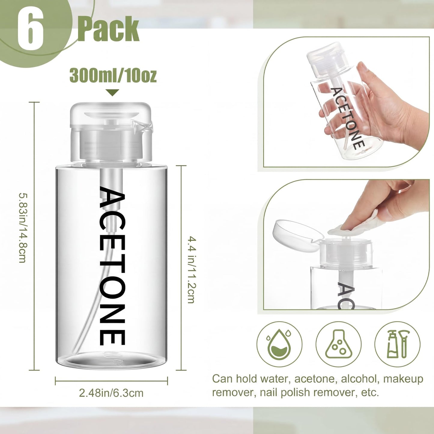 Layhit 6 Pcs 10 oz Acetone Pump Dispenser Bottle Aceone Push Down Liquid Dispenser Empty Pumping Bottle Refillable Cosmetic Container for Personal, Salon, Nail Care, Hospital Use
