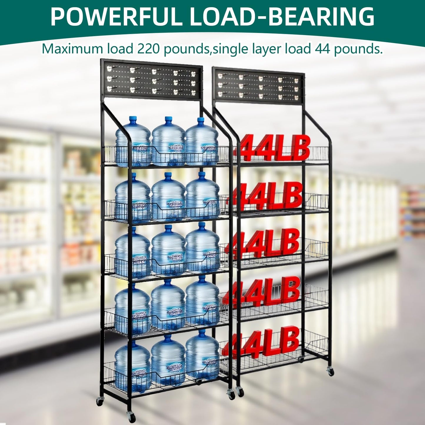Chip Display Rack - 5 Tier Snack Rack Display Stand with 360° Swivel Wheels & 15 Hooks，Metal Candy Display Rack for Supermarkets/Convenience Stores/Fruit Stores/Home