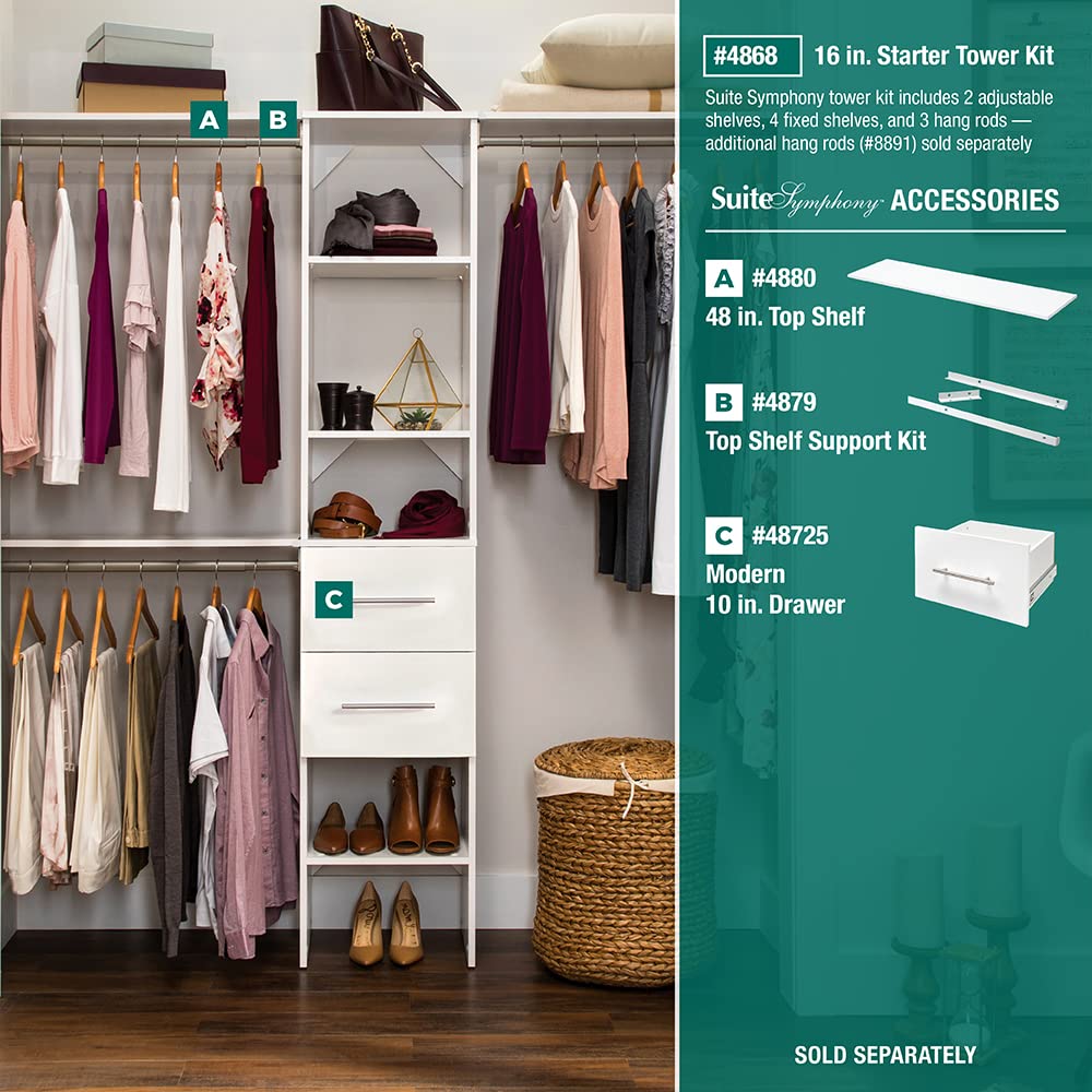 ClosetMaid SuiteSymphony Small Closet Organizer Starter Kit with Tower and 3 Hang Rods, Shelves, Adjustable, Customizable Wardrobe Organizer System, Reach-In or Walk-In Closets, Pure White