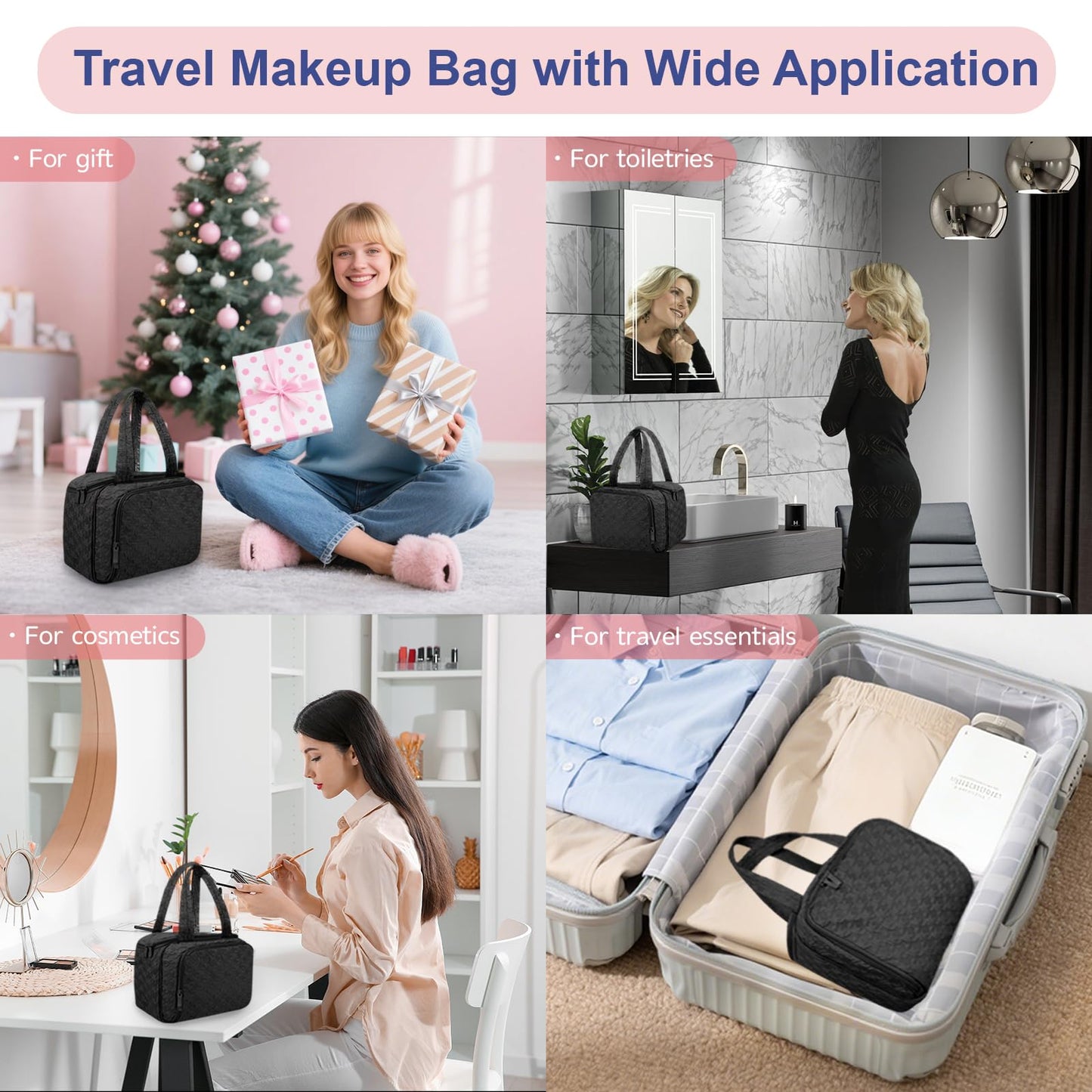 SMONT Toiletry Bag for Women Travel, 11.5" Large Makeup Organizer Toiletries Bags, Big Cosmetic Skincare Cosmetiquera Black