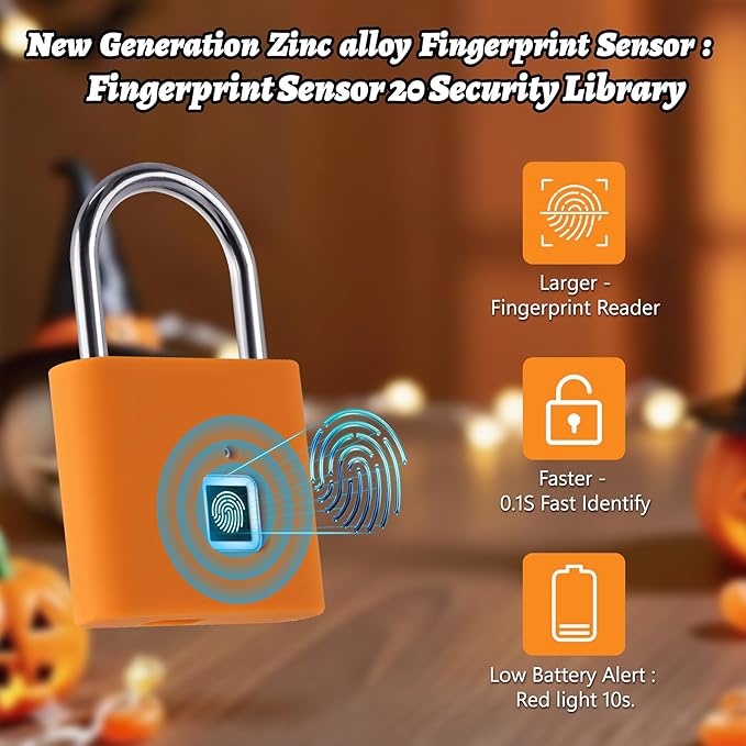 UMIKSMART Padlock, Keyless Fingerprint Padlock with USB Charging, Gym Lockers, School Lockers, Luggage, Storage Boxes, Cabinets, Backpack, Halloween Gifts (Pumpkin Glow Orange)