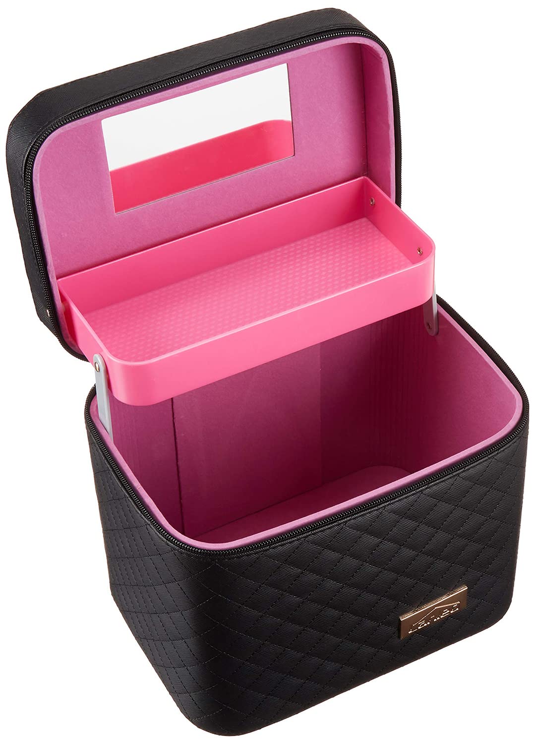 Sooyee Makeup Bag with Mirror, Makeup Organizer Cosmetic Travel Bag with Fold Tray, Cosmetic Bags for Women Designed to Fit All Cosmetics Professional Makeup Case, Black